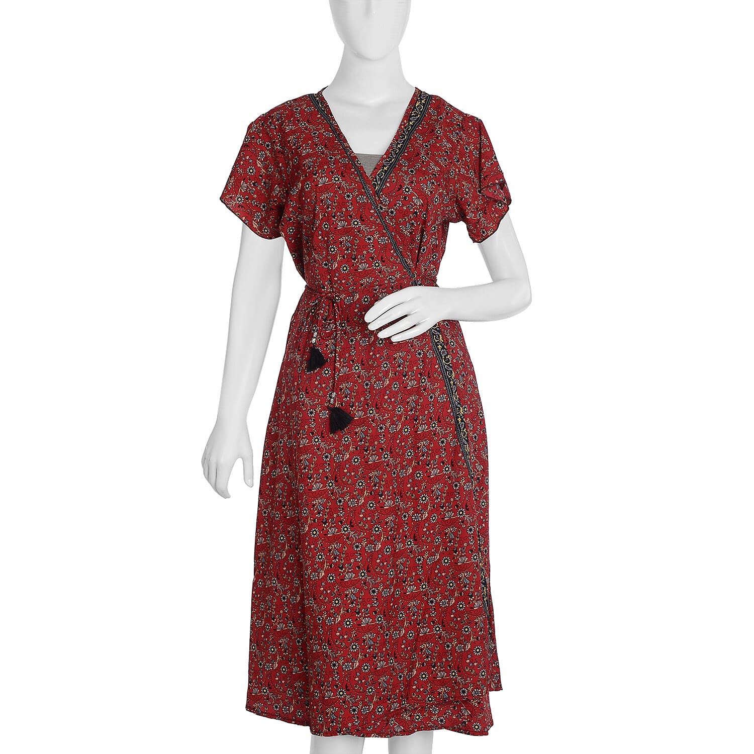 Screen Printed Red Colour Wrap Dress (Size XL/XXL)