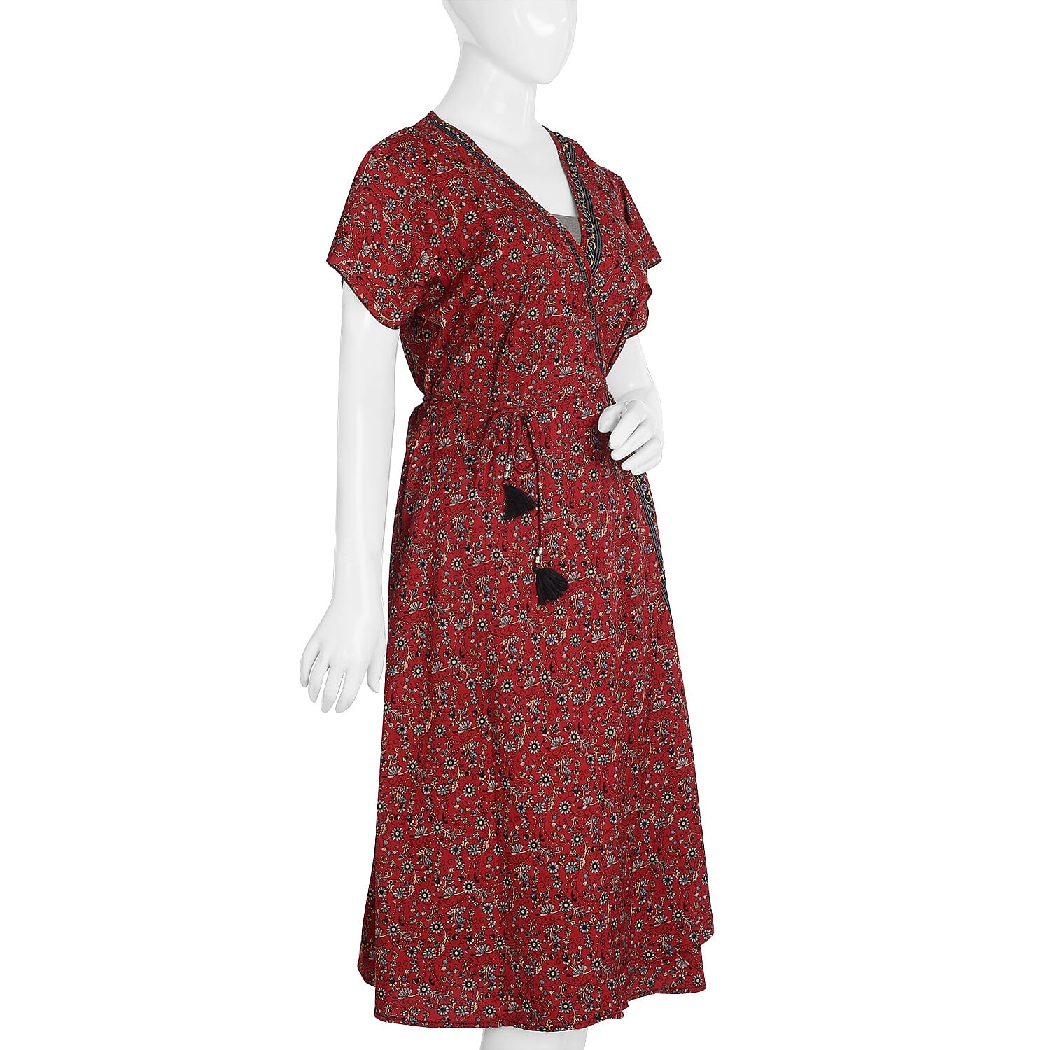 Screen Printed Red Colour Wrap Dress (Size XL/XXL)