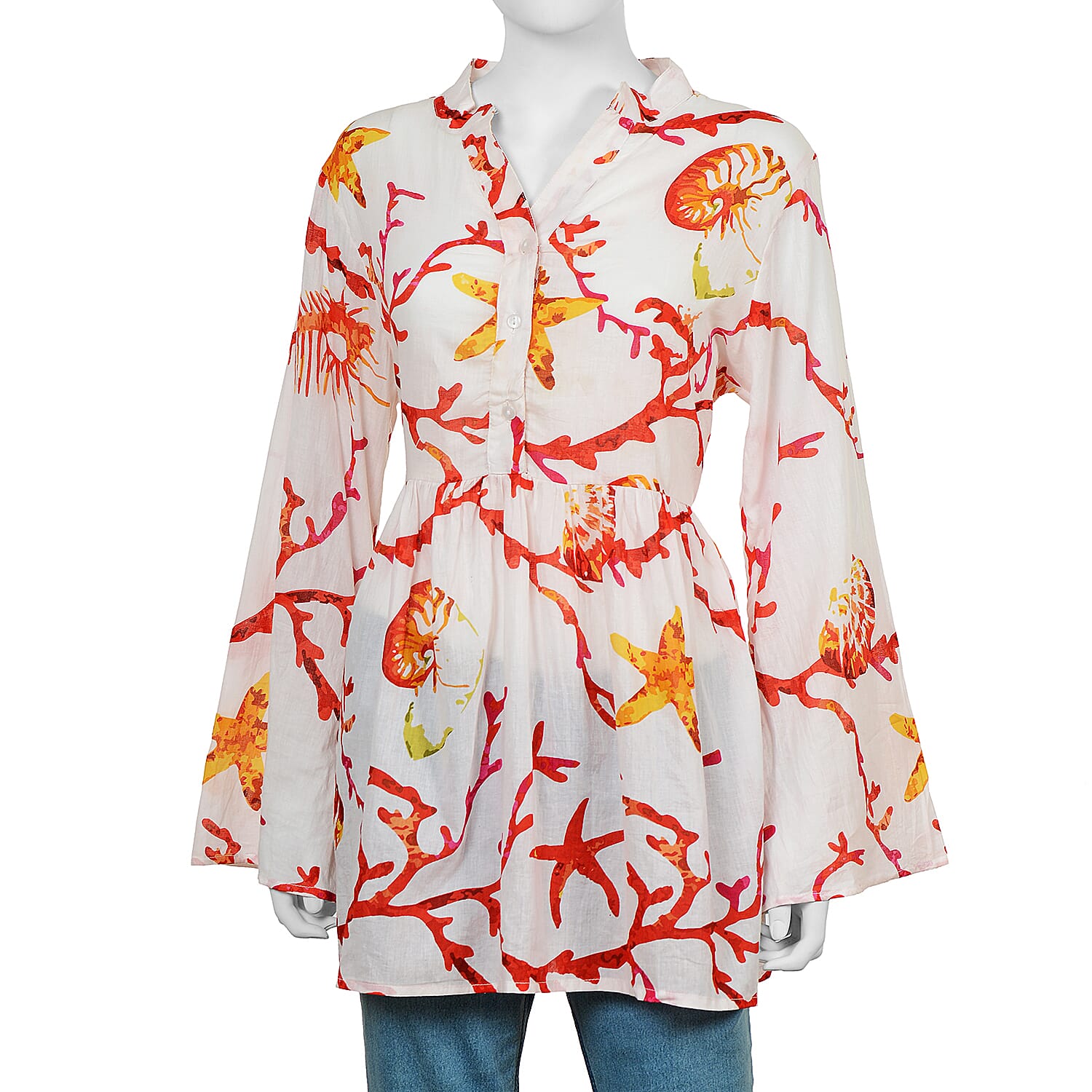 100% Cotton Tunic with Buttoned Front and Long Sleeves (Size L/XL, 84x60 Cm) - Red and White