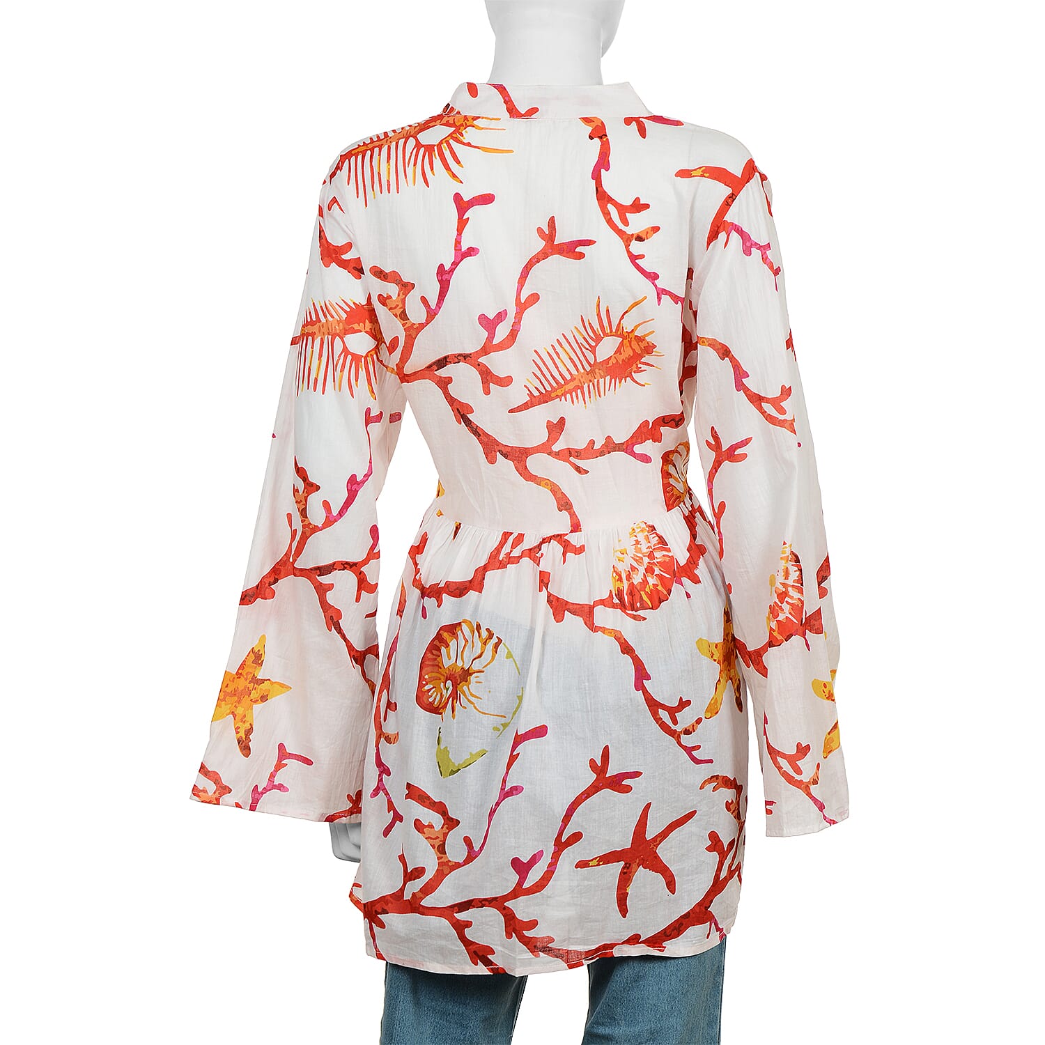 100% Cotton Tunic with Buttoned Front and Long Sleeves (Size L/XL, 84x60 Cm) - Red and White