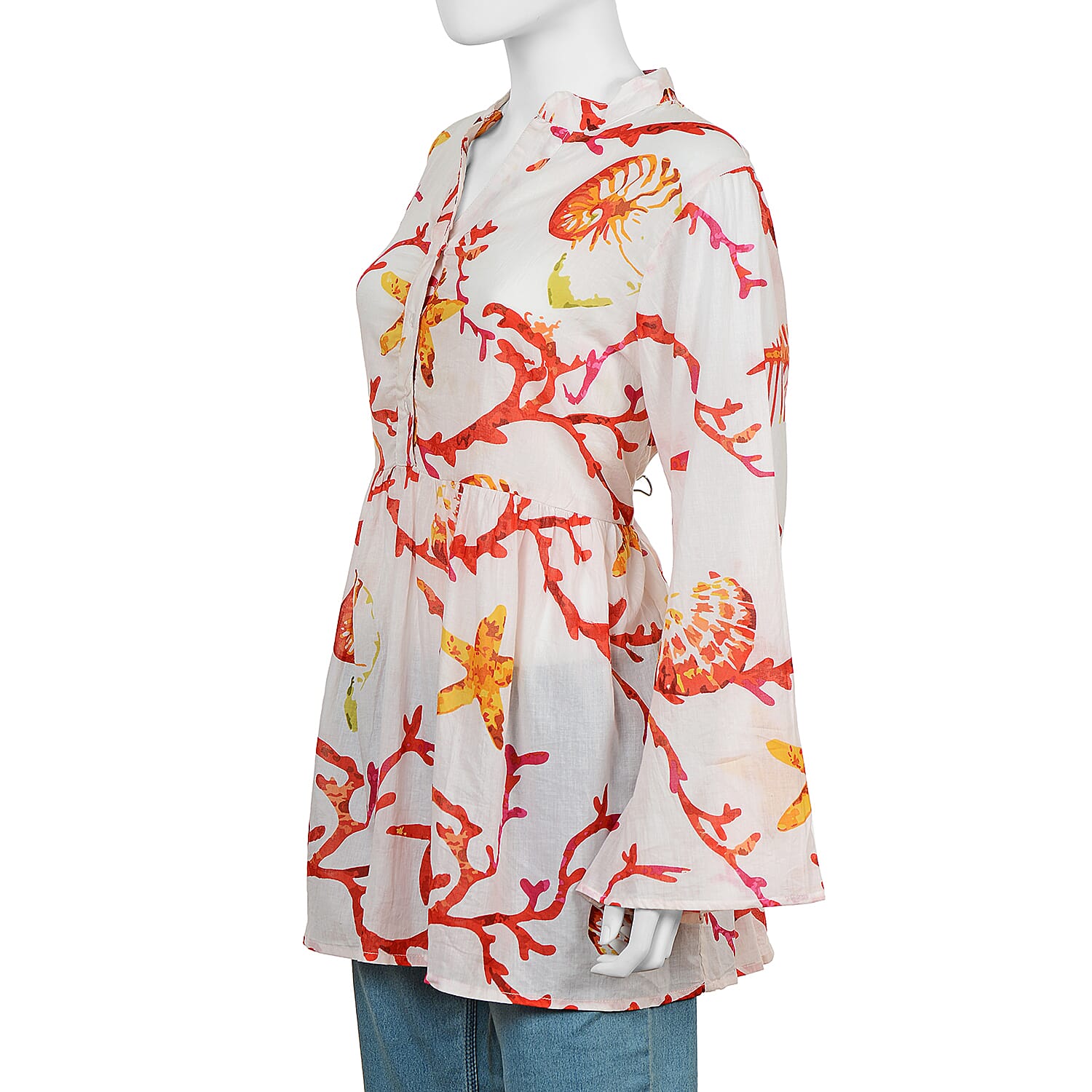 100% Cotton Tunic with Buttoned Front and Long Sleeves (Size L/XL, 84x60 Cm) - Red and White