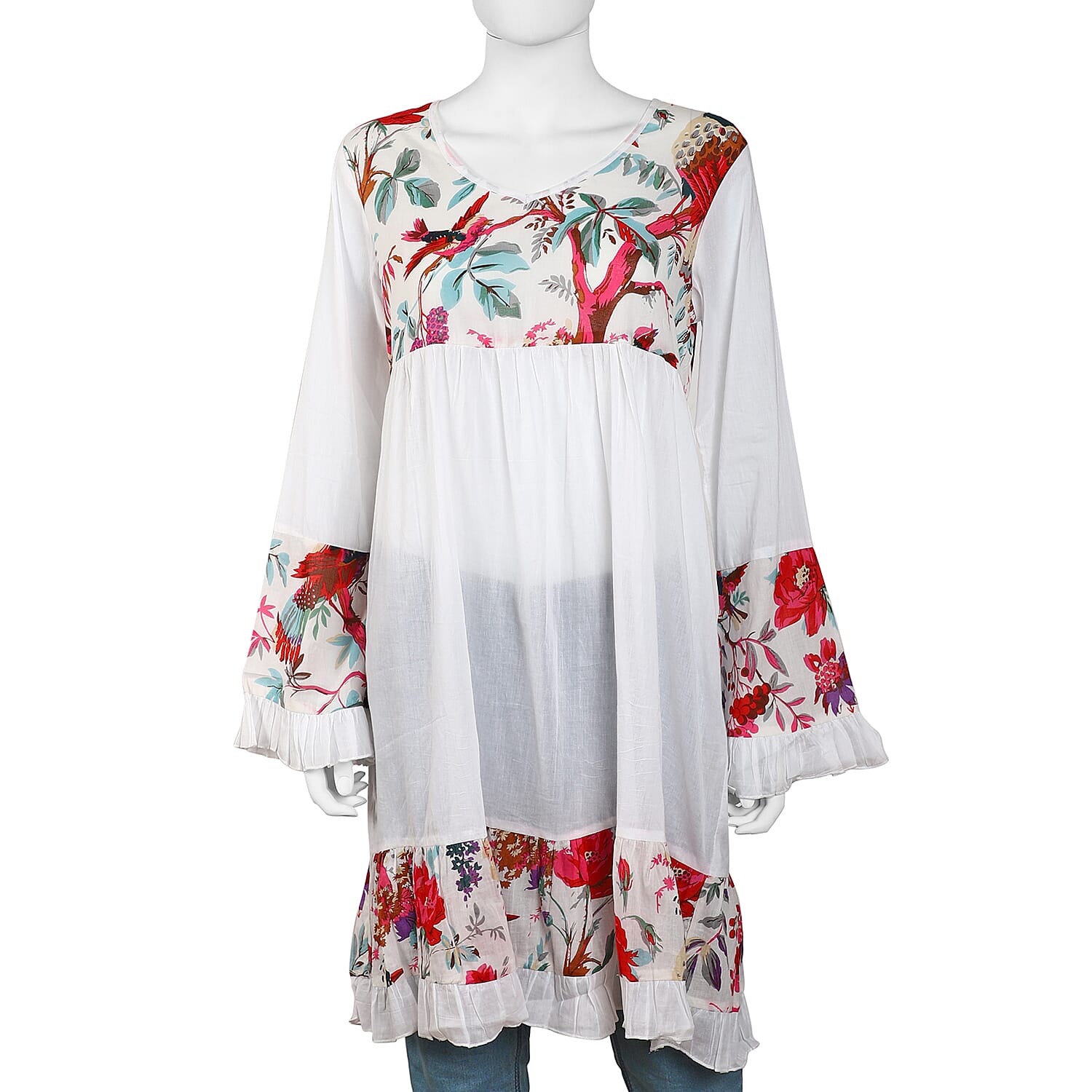 100% Cotton Dress with Printed Yoke, Sleeves and Bottom Hem in White and Multi Colour