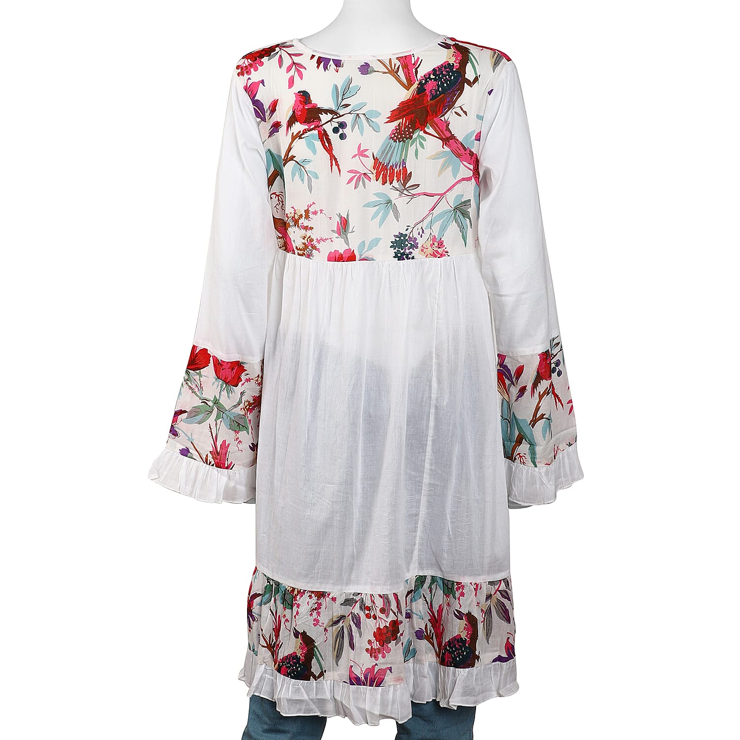 100% Cotton Dress with Printed Yoke, Sleeves and Bottom Hem in White and Multi Colour