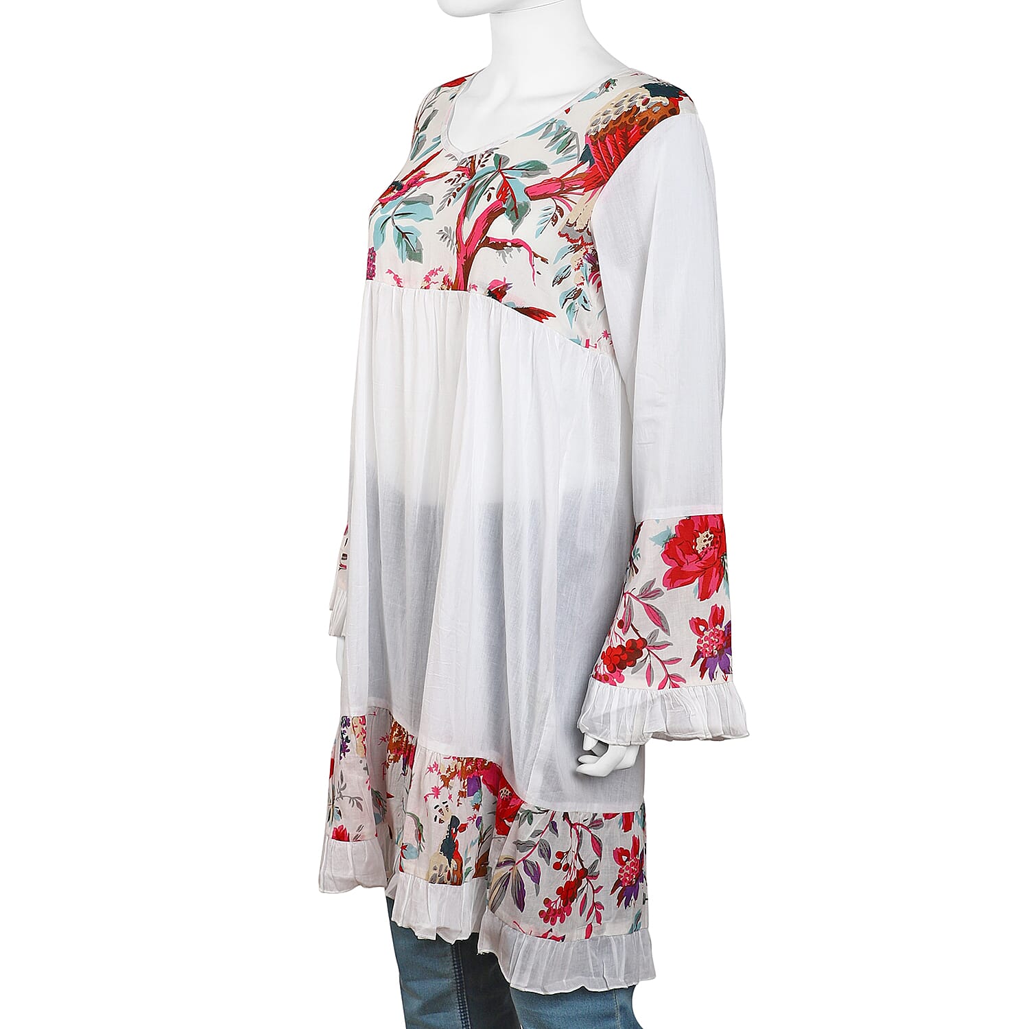 100% Cotton Dress with Printed Yoke, Sleeves and Bottom Hem in White and Multi Colour