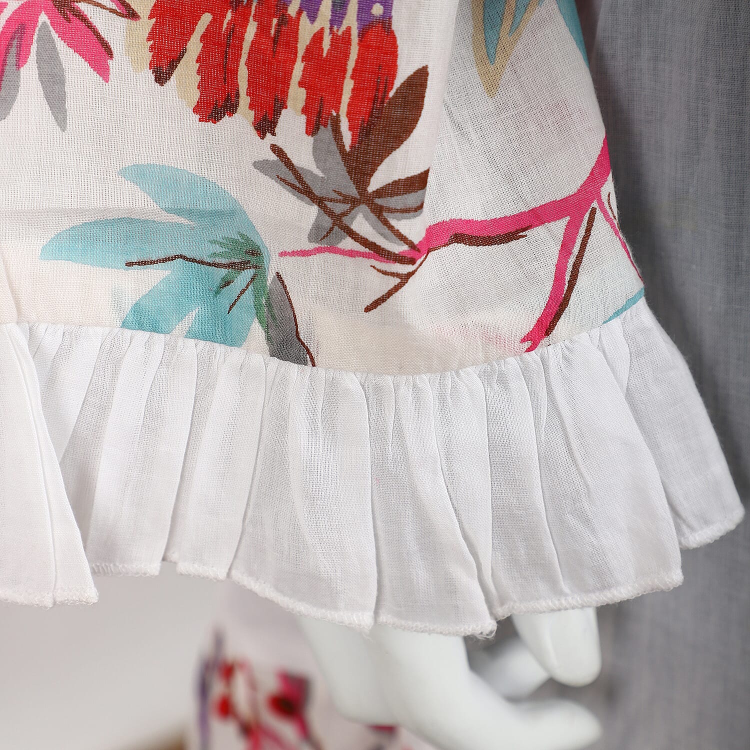 100% Cotton Dress with Printed Yoke, Sleeves and Bottom Hem in White and Multi Colour