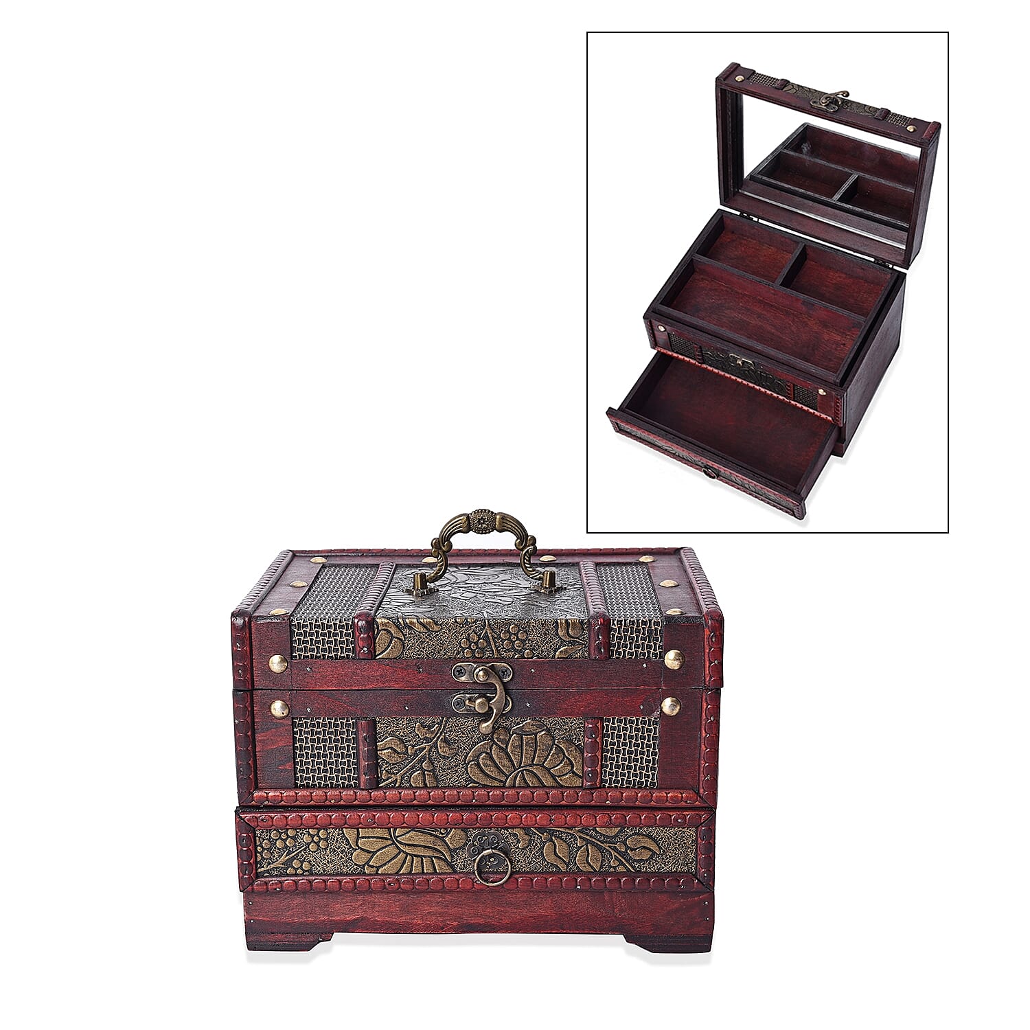 Antique Copper Floral Embossed 3 Layer Jewellery Box with Inside Mirror, Top Removable Tray and a Pull-out Drawer (Size 22x16x16 Cm)