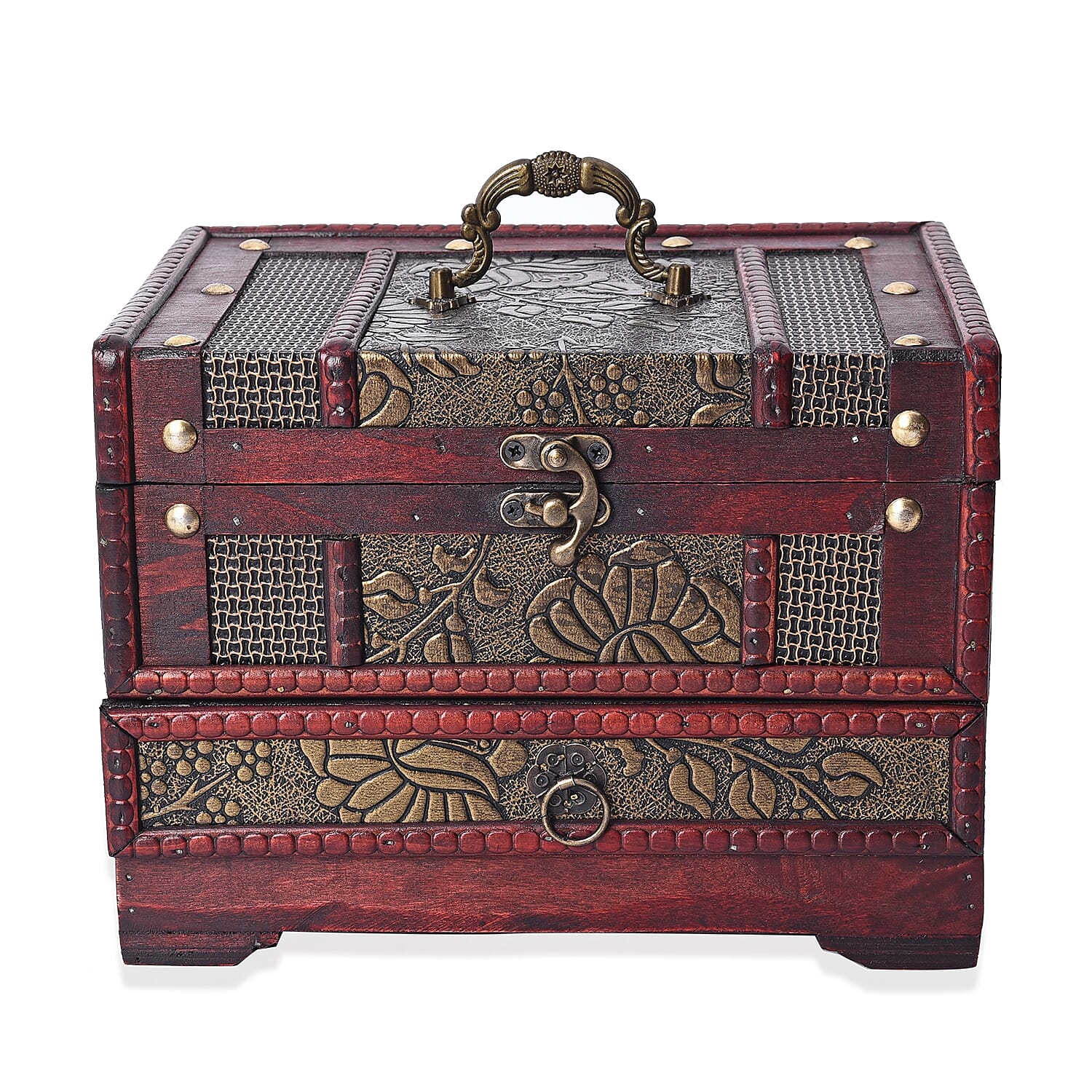 Antique Copper Floral Embossed 3 Layer Jewellery Box with Inside Mirror, Top Removable Tray and a Pull-out Drawer (Size 22x16x16 Cm)