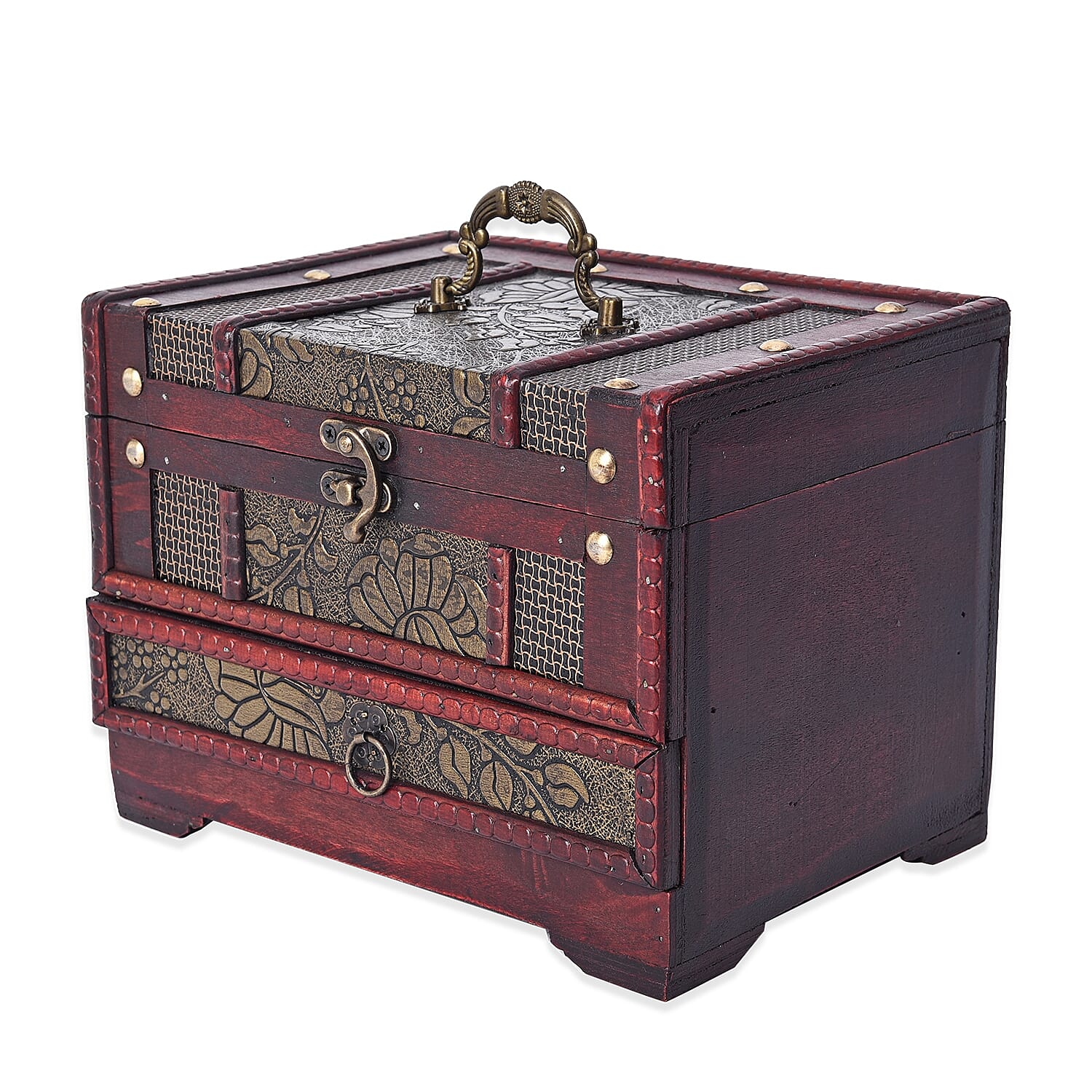 Antique Copper Floral Embossed 3 Layer Jewellery Box with Inside Mirror, Top Removable Tray and a Pull-out Drawer (Size 22x16x16 Cm)