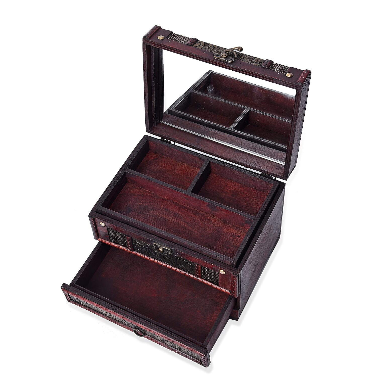 Antique Copper Floral Embossed 3 Layer Jewellery Box with Inside Mirror, Top Removable Tray and a Pull-out Drawer (Size 22x16x16 Cm)