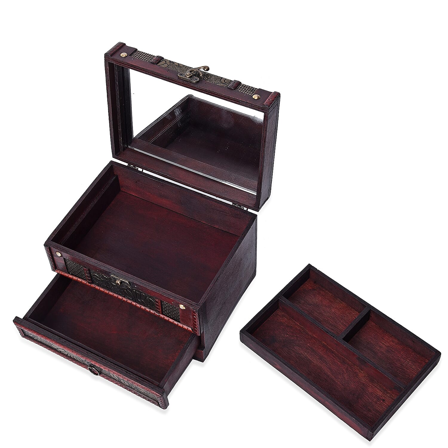 Antique Copper Floral Embossed 3 Layer Jewellery Box with Inside Mirror, Top Removable Tray and a Pull-out Drawer (Size 22x16x16 Cm)