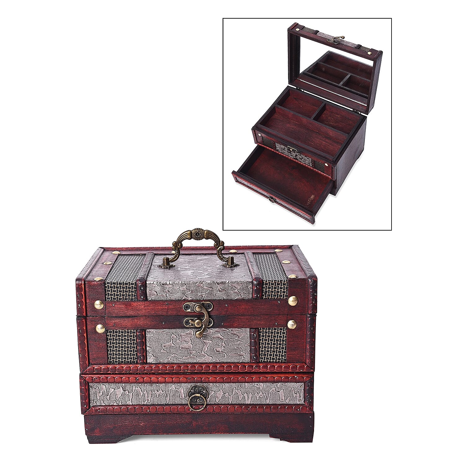 Silver Waves Embossed 3 Layer Jewellery Box with Inside Mirror, Top Removable Tray and a Pull-out Drawer (Size 22x17x16 Cm)