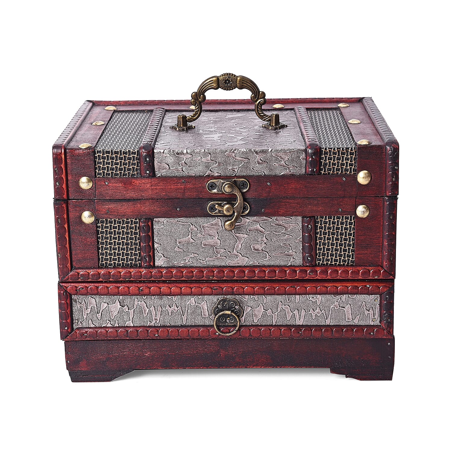 Silver Waves Embossed 3 Layer Jewellery Box with Inside Mirror, Top Removable Tray and a Pull-out Drawer (Size 22x17x16 Cm)