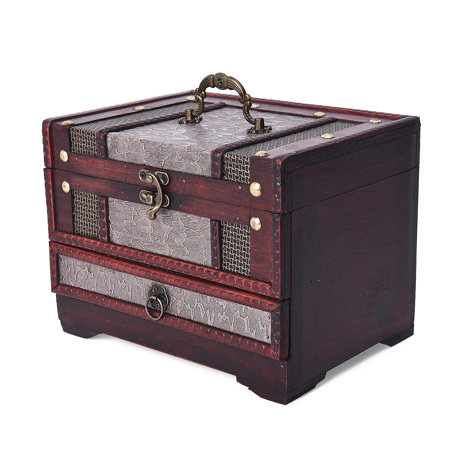 Silver Waves Embossed 3 Layer Jewellery Box with Inside Mirror, Top Removable Tray and a Pull-out Drawer (Size 22x17x16 Cm)