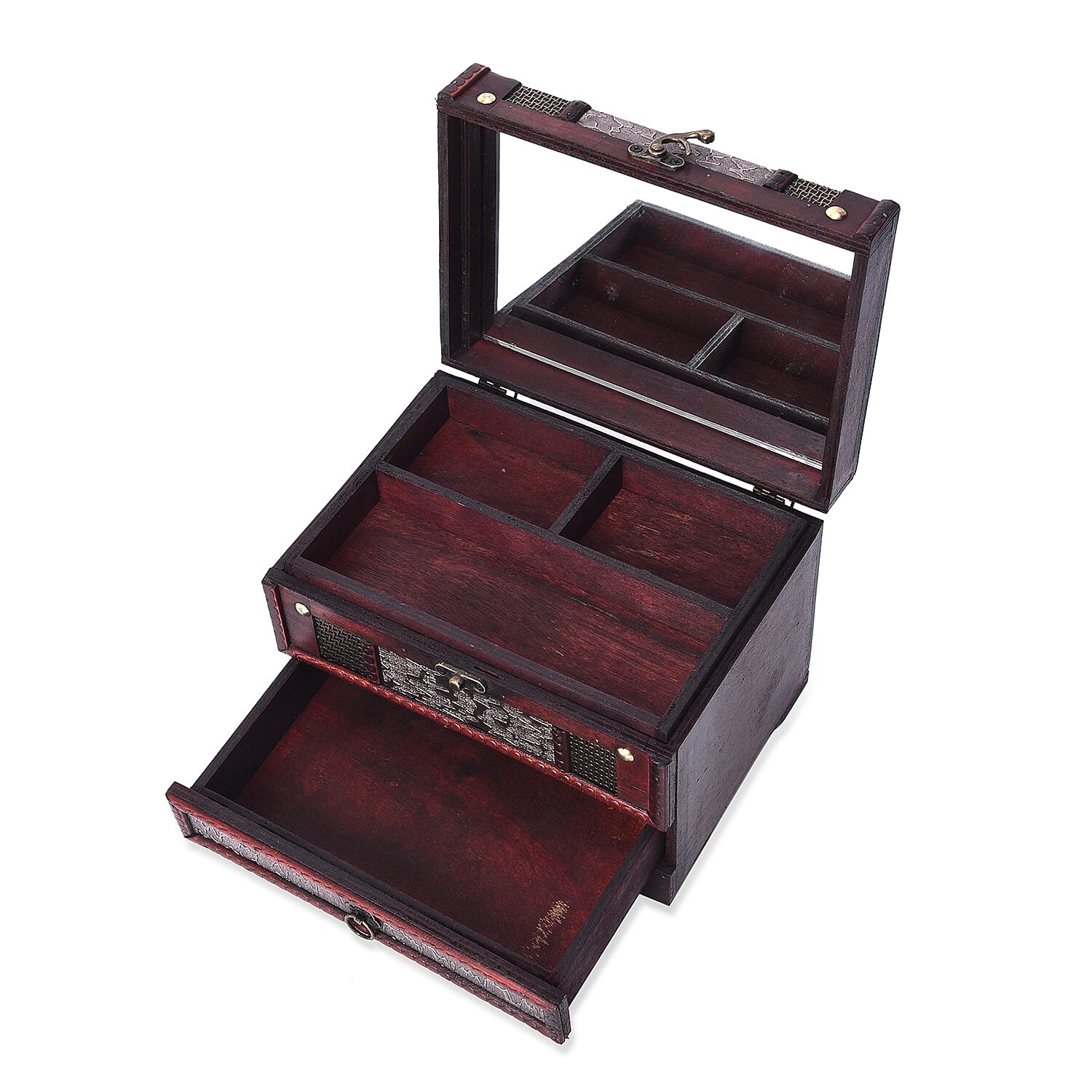 Silver Waves Embossed 3 Layer Jewellery Box with Inside Mirror, Top Removable Tray and a Pull-out Drawer (Size 22x17x16 Cm)