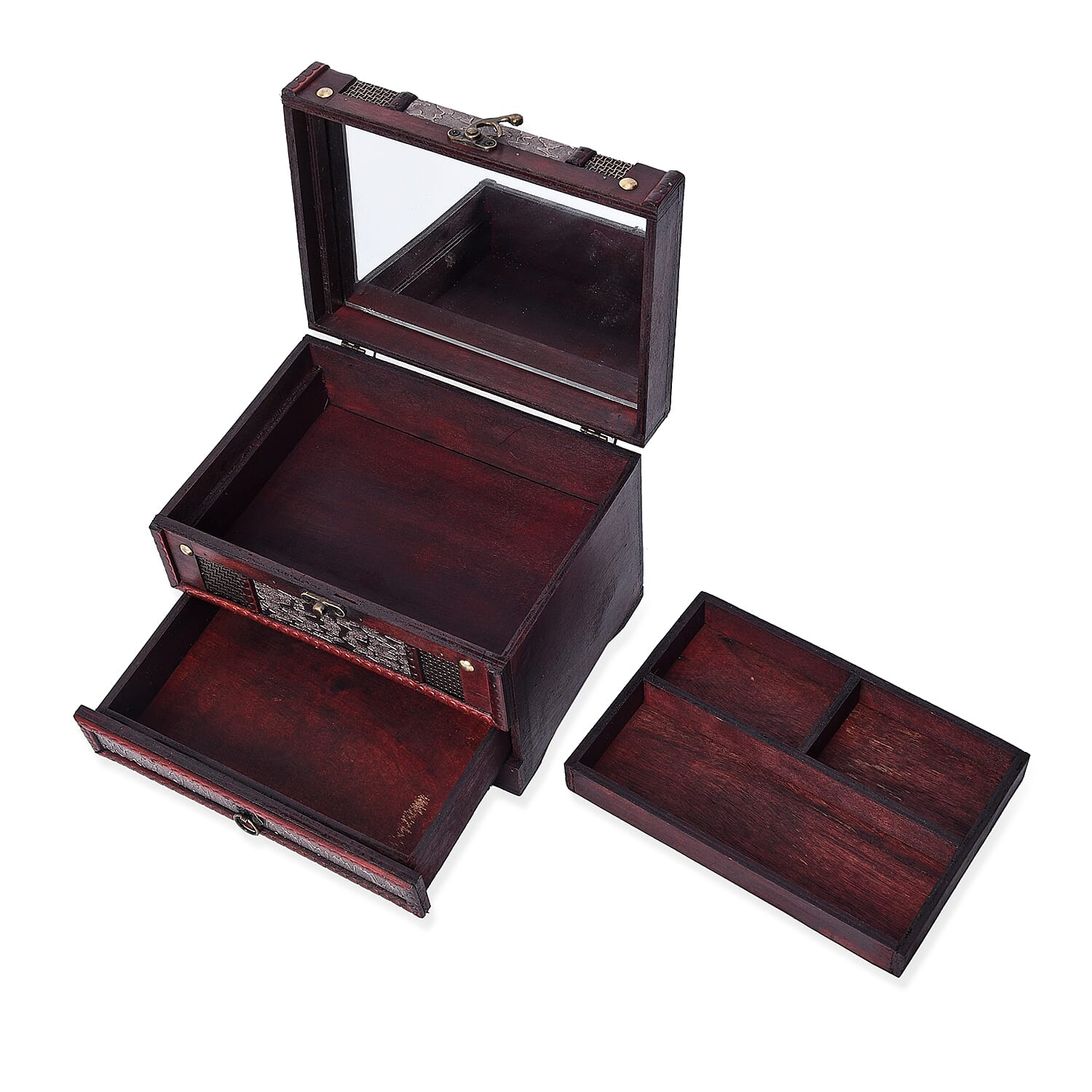 Silver Waves Embossed 3 Layer Jewellery Box with Inside Mirror, Top Removable Tray and a Pull-out Drawer (Size 22x17x16 Cm)