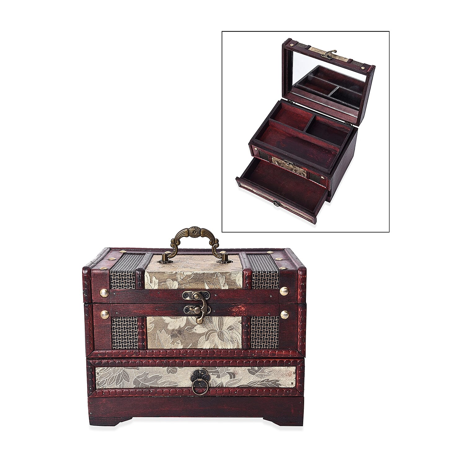 Golden Leaves Embossed 3 Layer Jewellery Box with Inside Mirror, Top Removable Tray and a Pull-out Drawer (Size 22x17x16 Cm)