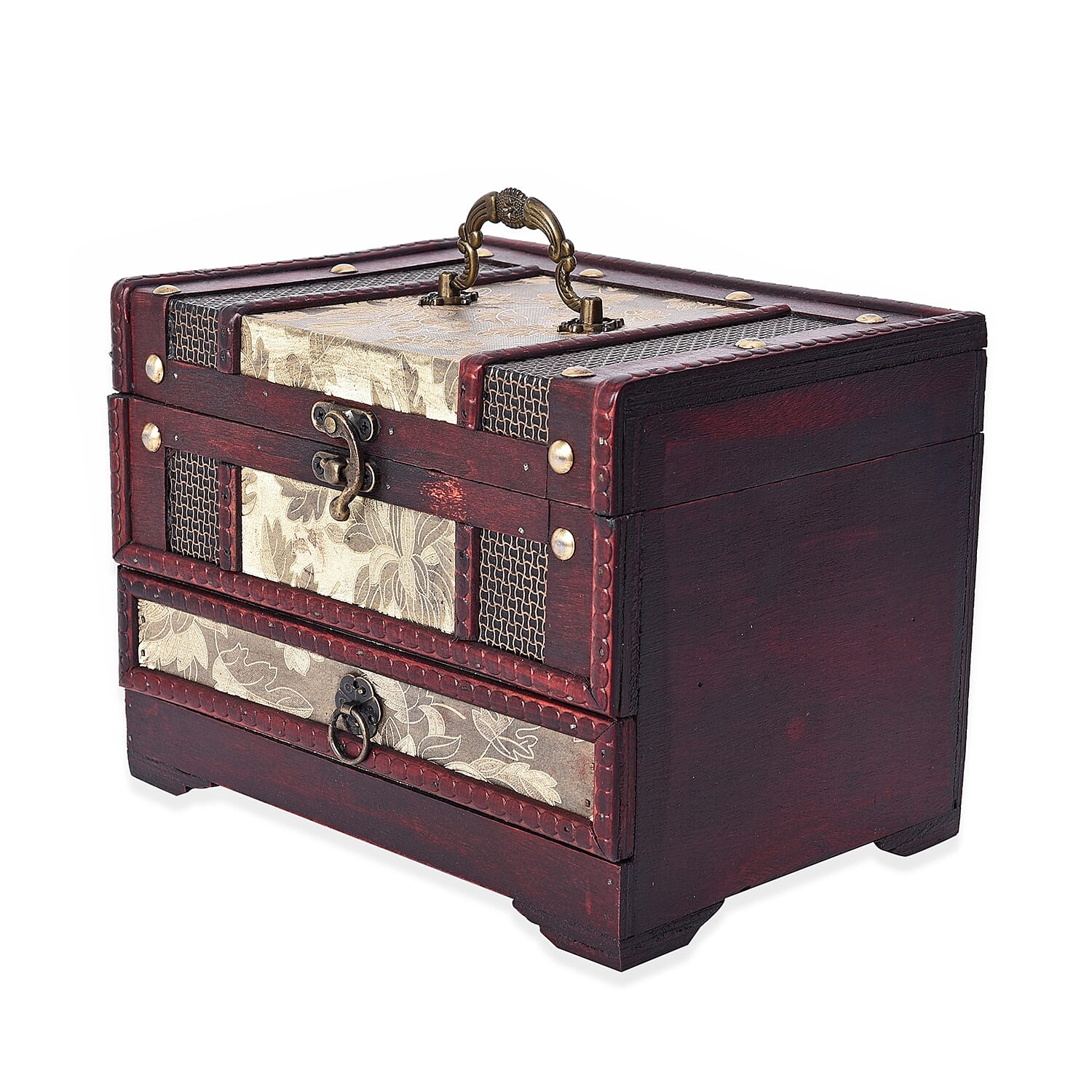 Golden Leaves Embossed 3 Layer Jewellery Box with Inside Mirror, Top Removable Tray and a Pull-out Drawer (Size 22x17x16 Cm)