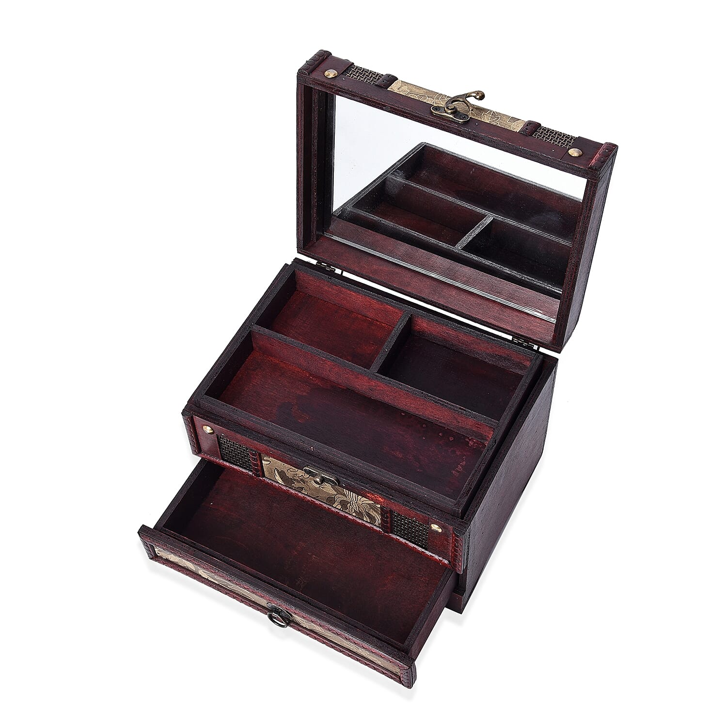 Golden Leaves Embossed 3 Layer Jewellery Box with Inside Mirror, Top Removable Tray and a Pull-out Drawer (Size 22x17x16 Cm)