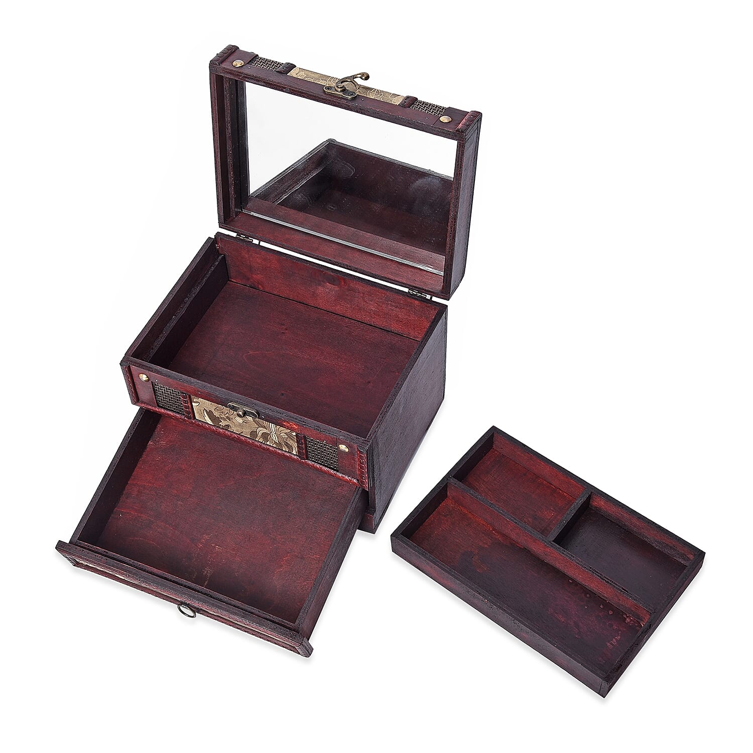 Golden Leaves Embossed 3 Layer Jewellery Box with Inside Mirror, Top Removable Tray and a Pull-out Drawer (Size 22x17x16 Cm)