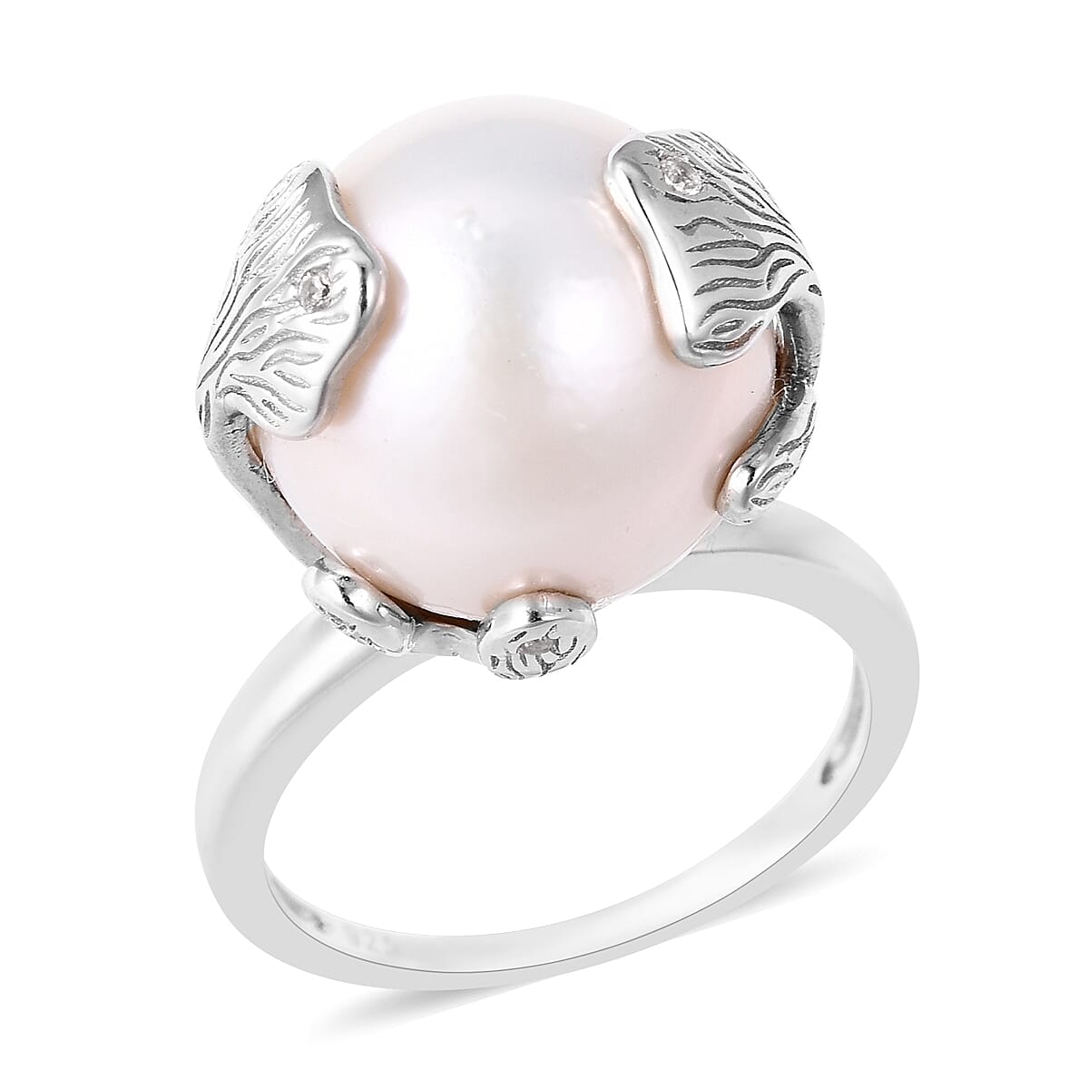 Edison Pearl (Rnd 14-15 mm), Natural White Cambodian Zircon Ring in Sterling Silver