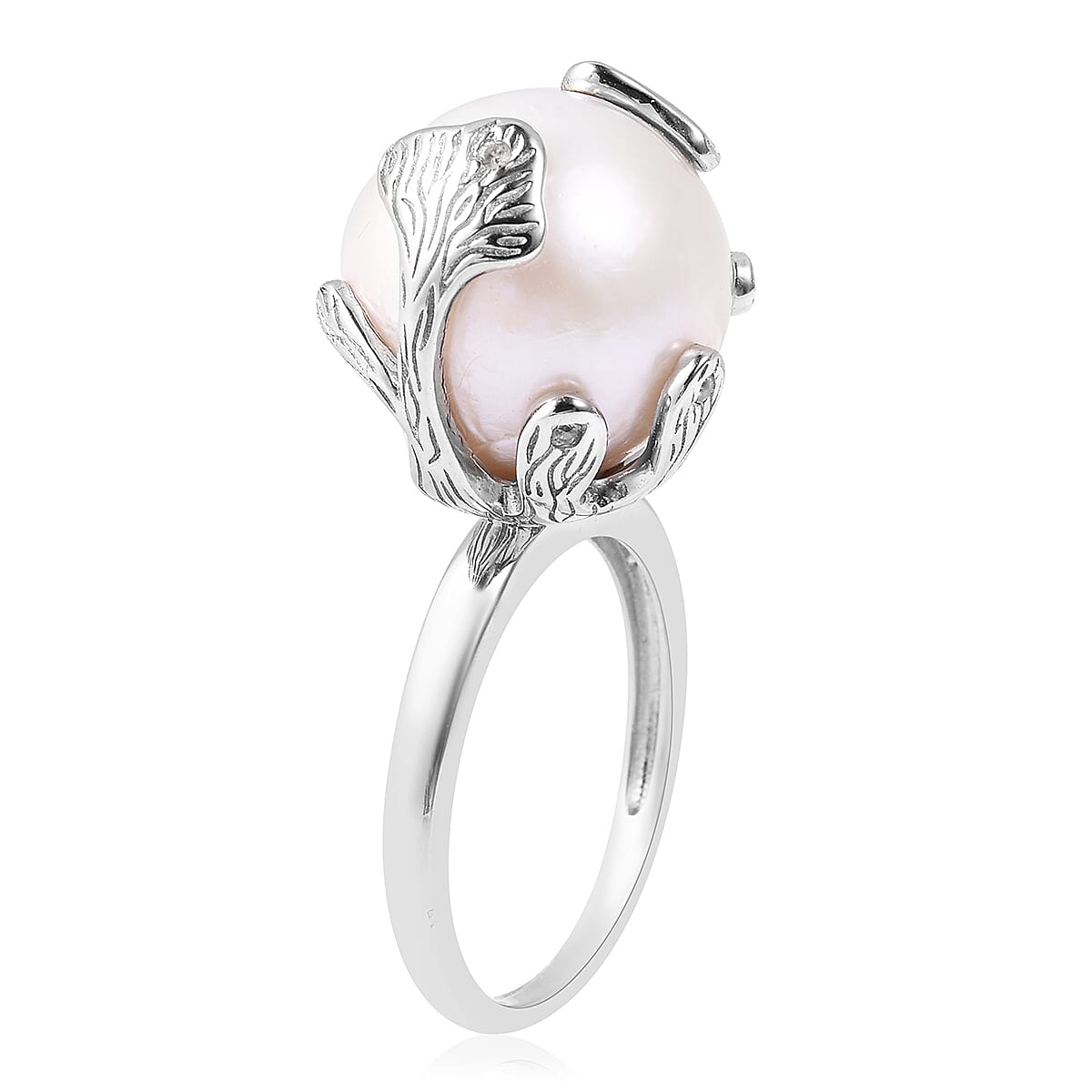 Edison Pearl (Rnd 14-15 mm), Natural White Cambodian Zircon Ring in Sterling Silver