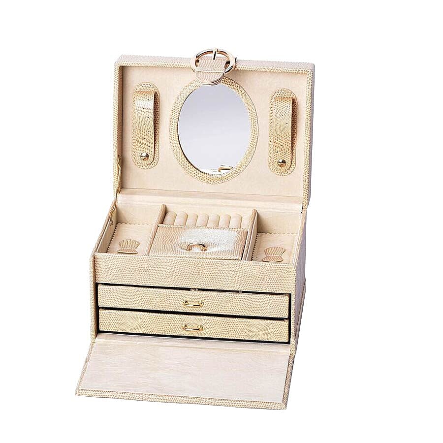 3-Layer Faux Leather Shagreen Jewellery Box with Inside Mirror, Two Pulled-out Drawers and Velvet Lining (Size 22x16x14 Cm)