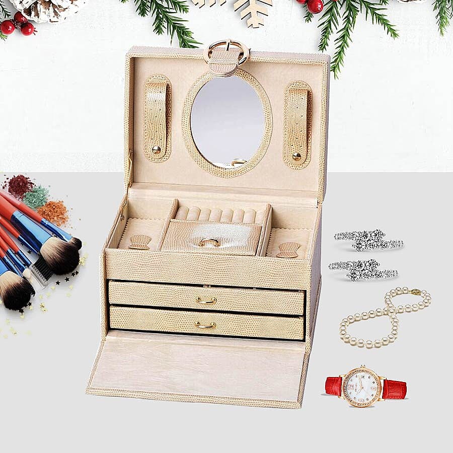 3-Layer Faux Leather Shagreen Jewellery Box with Inside Mirror, Two Pulled-out Drawers and Velvet Lining (Size 22x16x14 Cm)