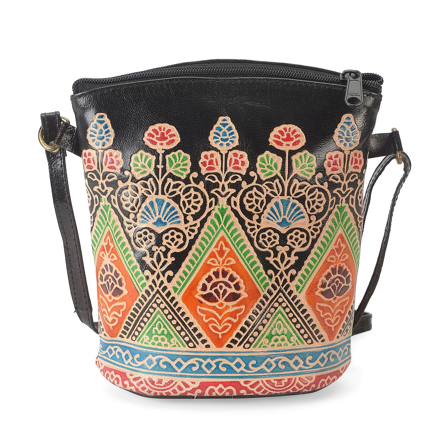 100% Genuine Leather Handmade Printed Shoulder Bag with Zip Closure (Size 19x18 Cm) - Black and Multicolour