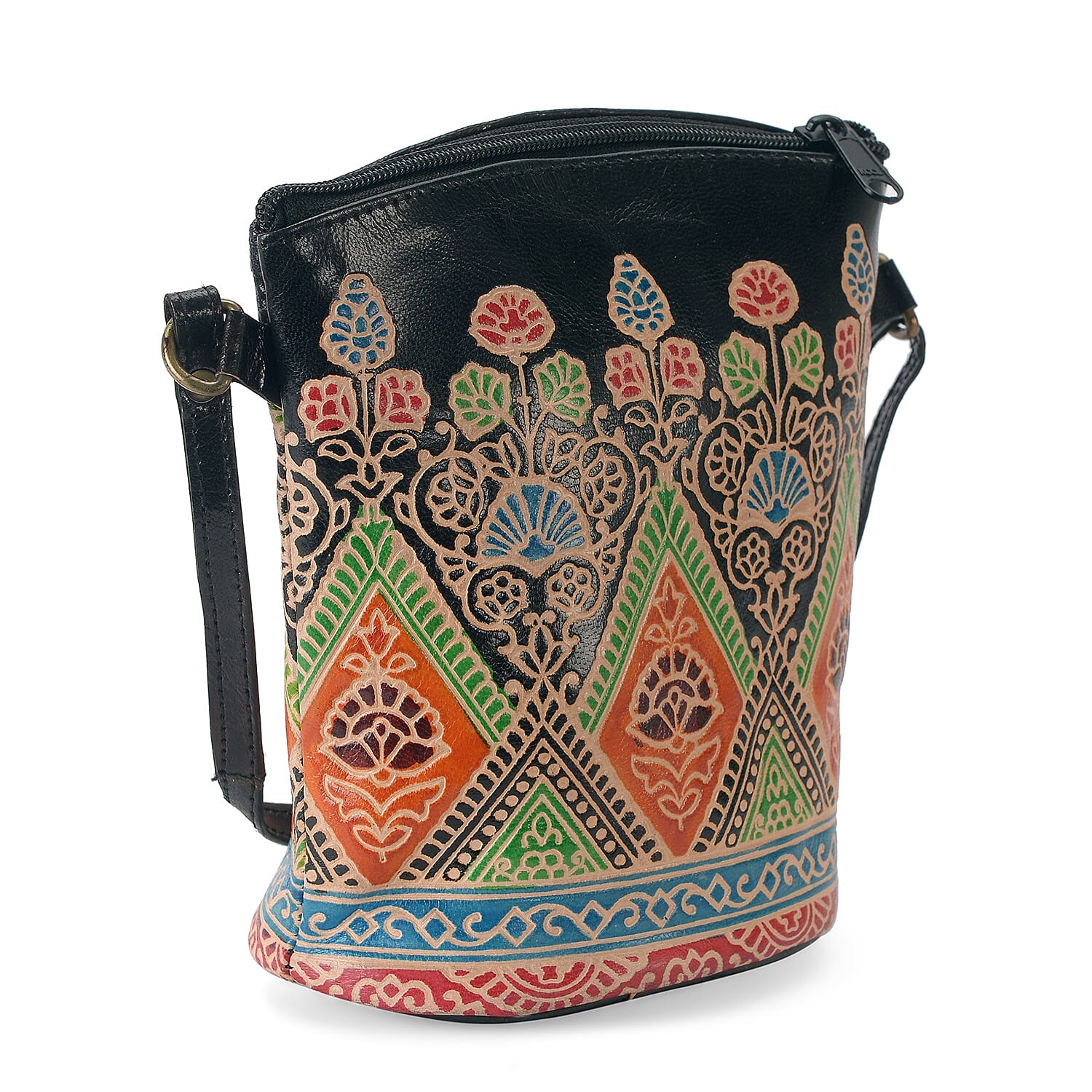 100% Genuine Leather Handmade Printed Shoulder Bag with Zip Closure (Size 19x18 Cm) - Black and Multicolour