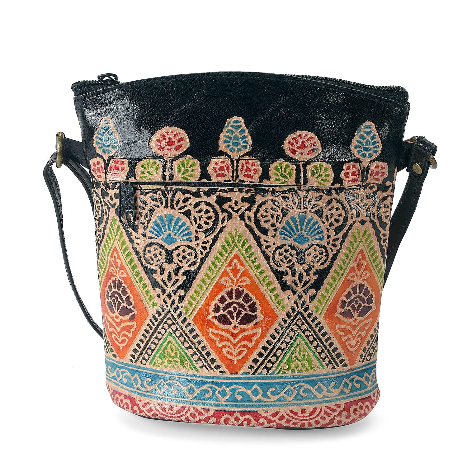 100% Genuine Leather Handmade Printed Shoulder Bag with Zip Closure (Size 19x18 Cm) - Black and Multicolour