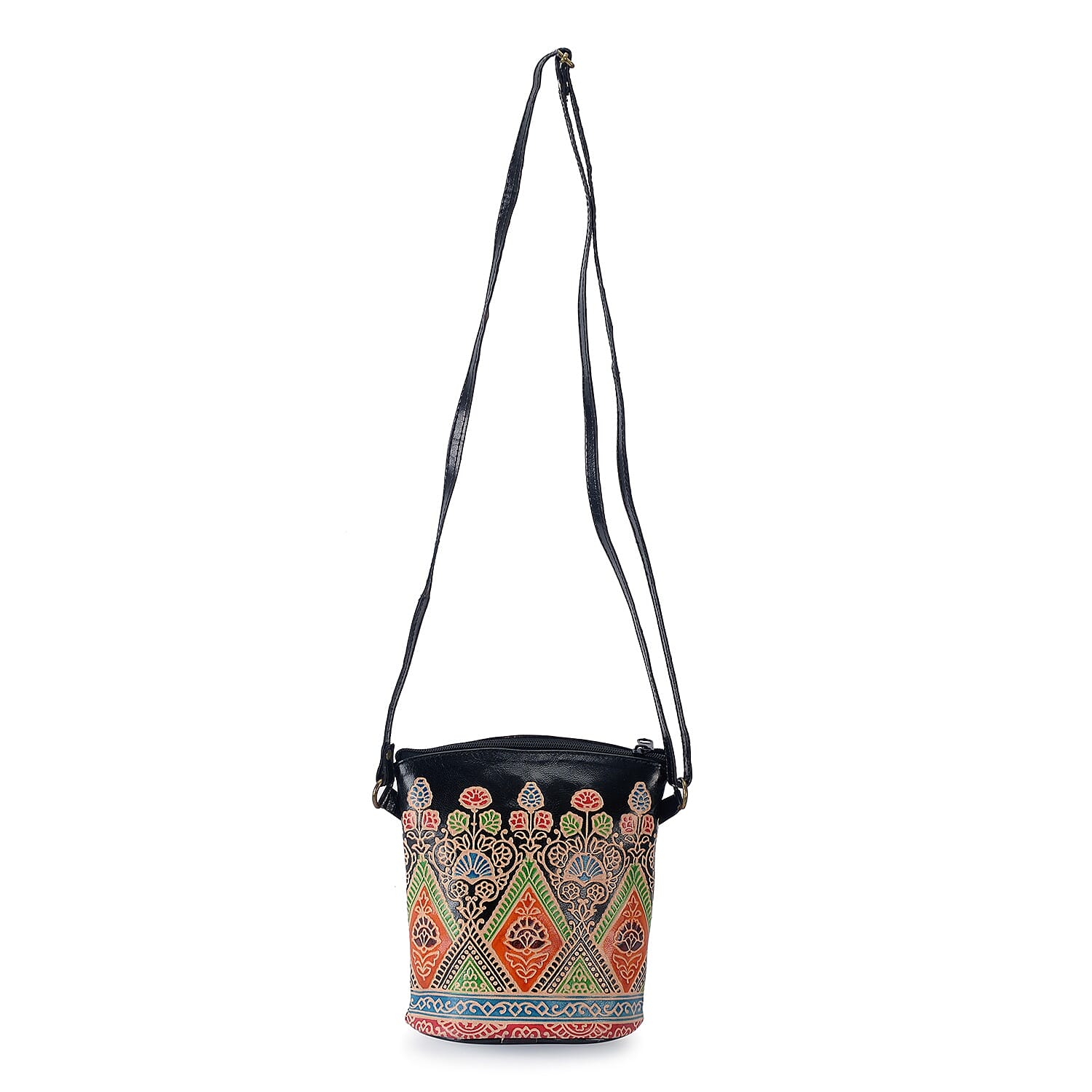 100% Genuine Leather Handmade Printed Shoulder Bag with Zip Closure (Size 19x18 Cm) - Black and Multicolour