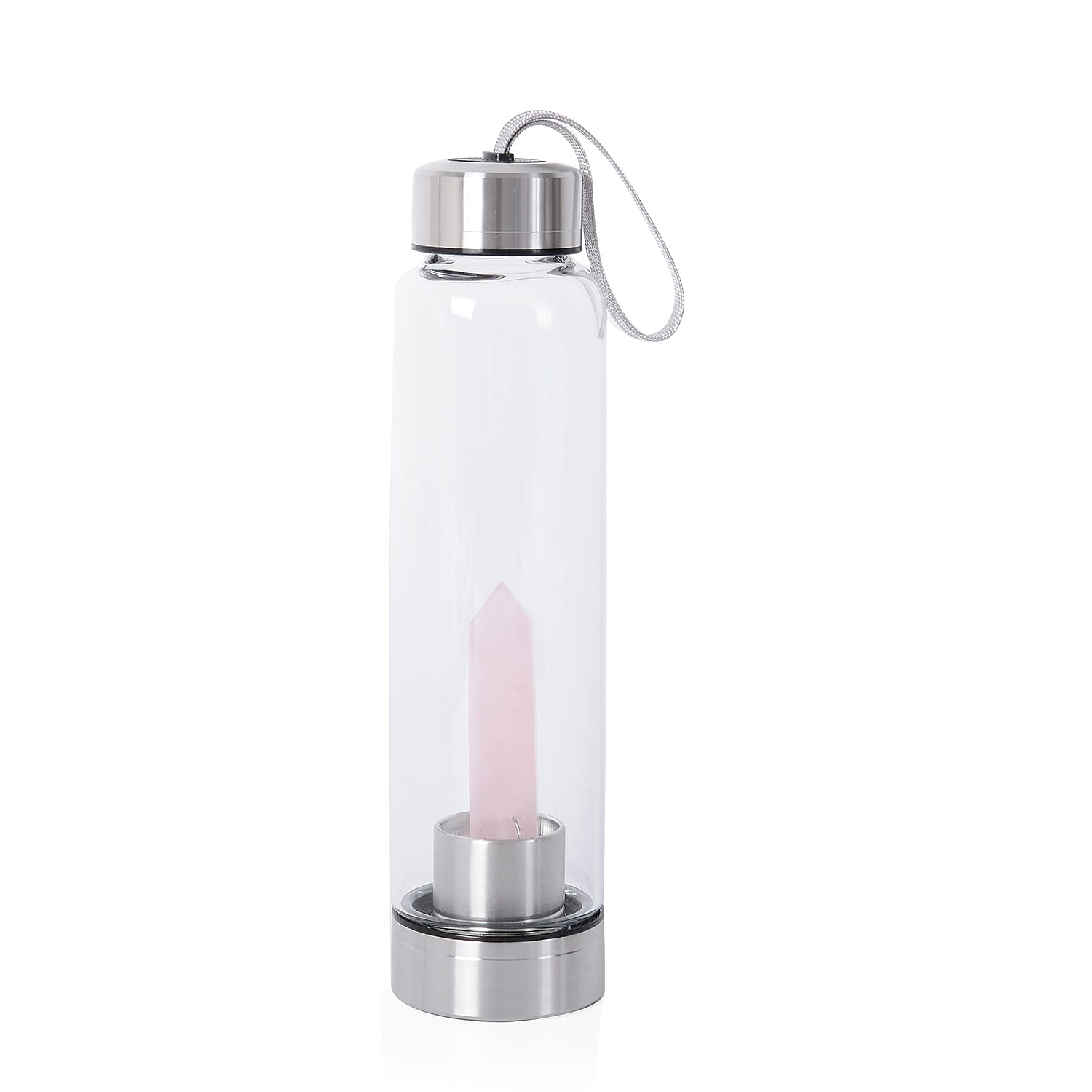 Rose Quartz Crystal Elixir Glass Water Bottle with Stainless Steel Cap (Size 25.5x6.5 Cm) with Travel Case - Holds 650ml