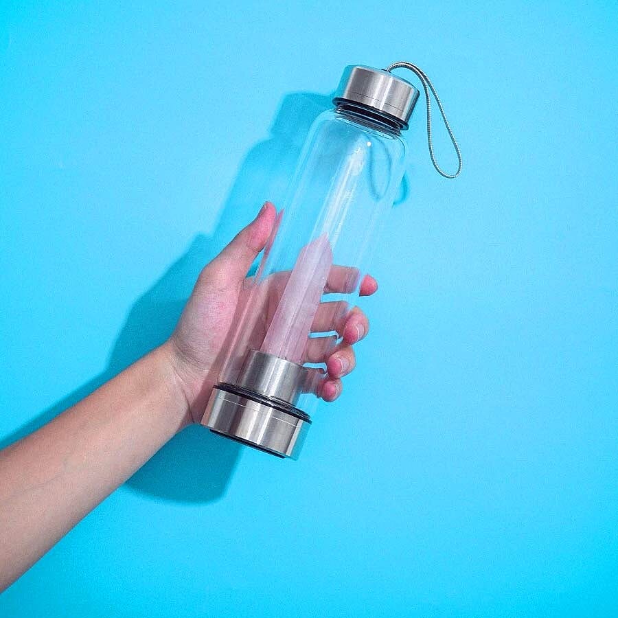 Rose Quartz Crystal Elixir Glass Water Bottle with Stainless Steel Cap (Size 25.5x6.5 Cm) with Travel Case - Holds 650ml