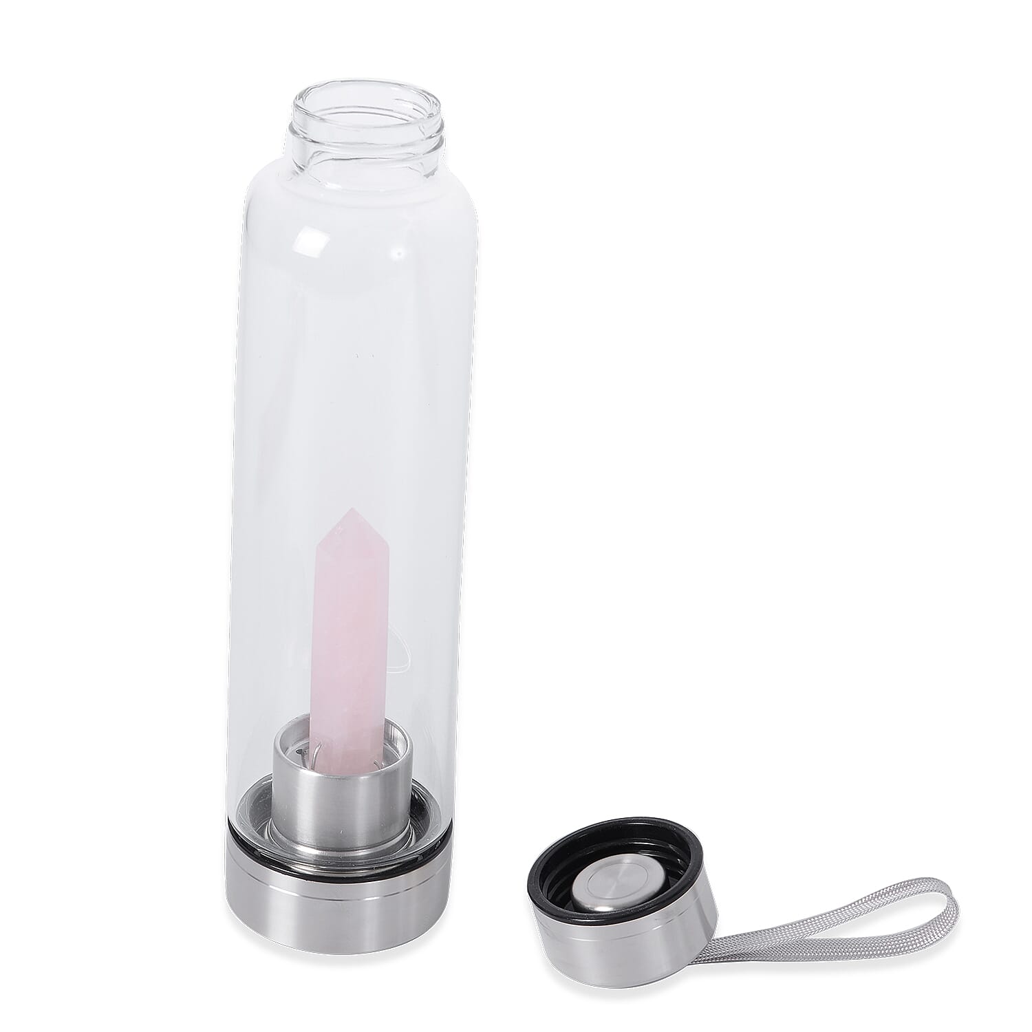 Rose Quartz Crystal Elixir Glass Water Bottle with Stainless Steel Cap (Size 25.5x6.5 Cm) with Travel Case - Holds 650ml