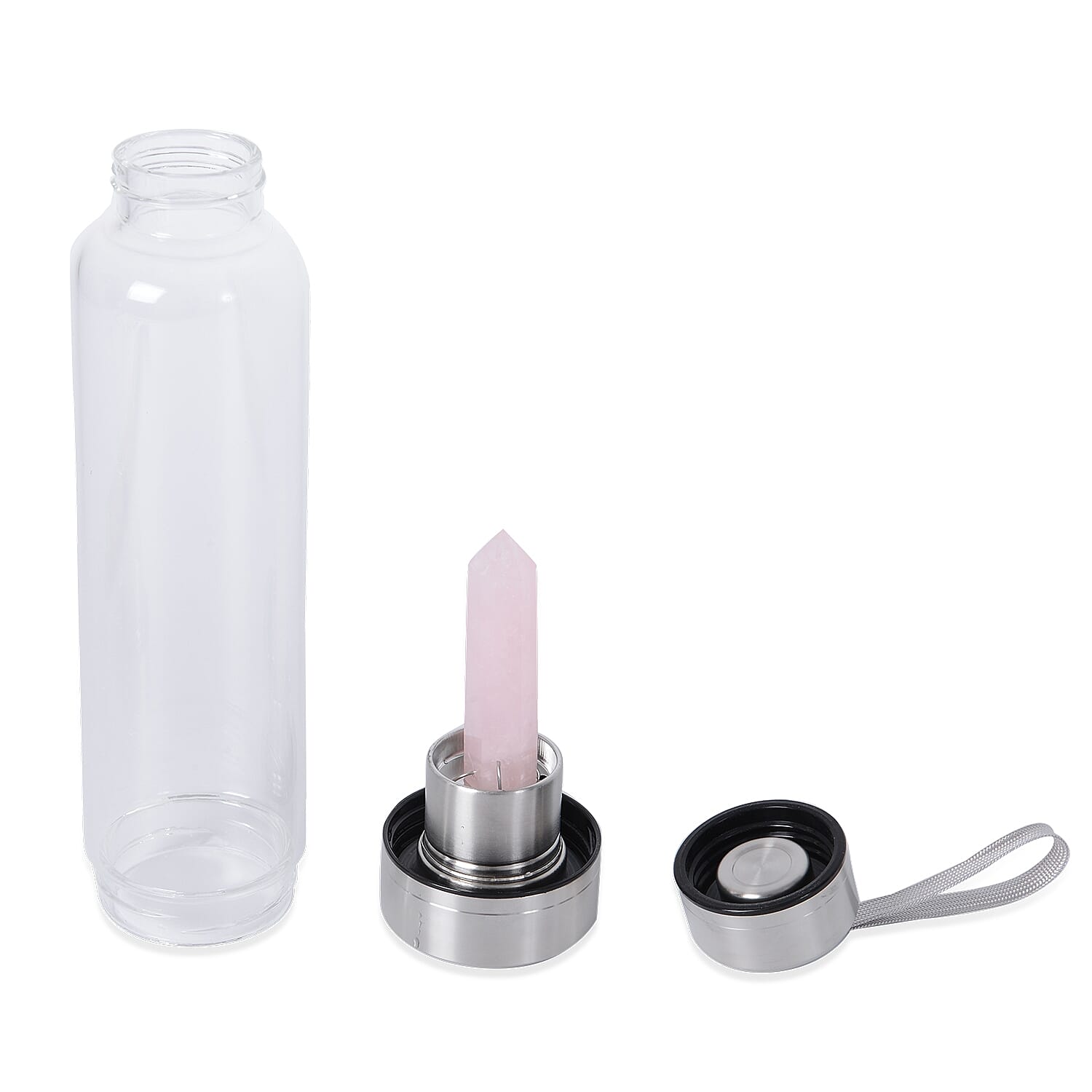 Rose Quartz Crystal Elixir Glass Water Bottle with Stainless Steel Cap (Size 25.5x6.5 Cm) with Travel Case - Holds 650ml