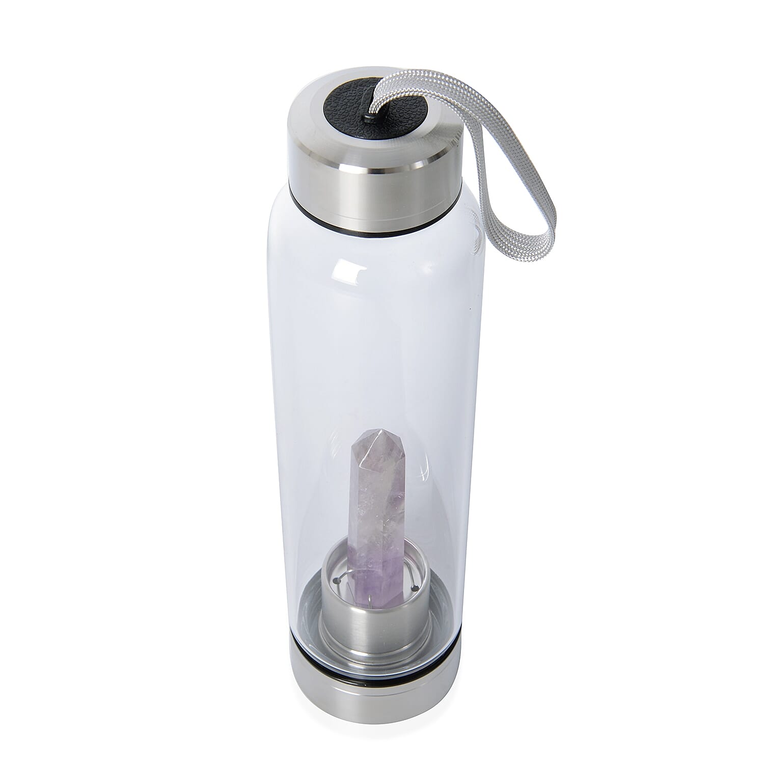 Amethyst Crystal Elixir Glass Water Bottle with Stainless Steel Cap (Size 25.5x6.5 Cm) with Travel Case - Holds 650ml