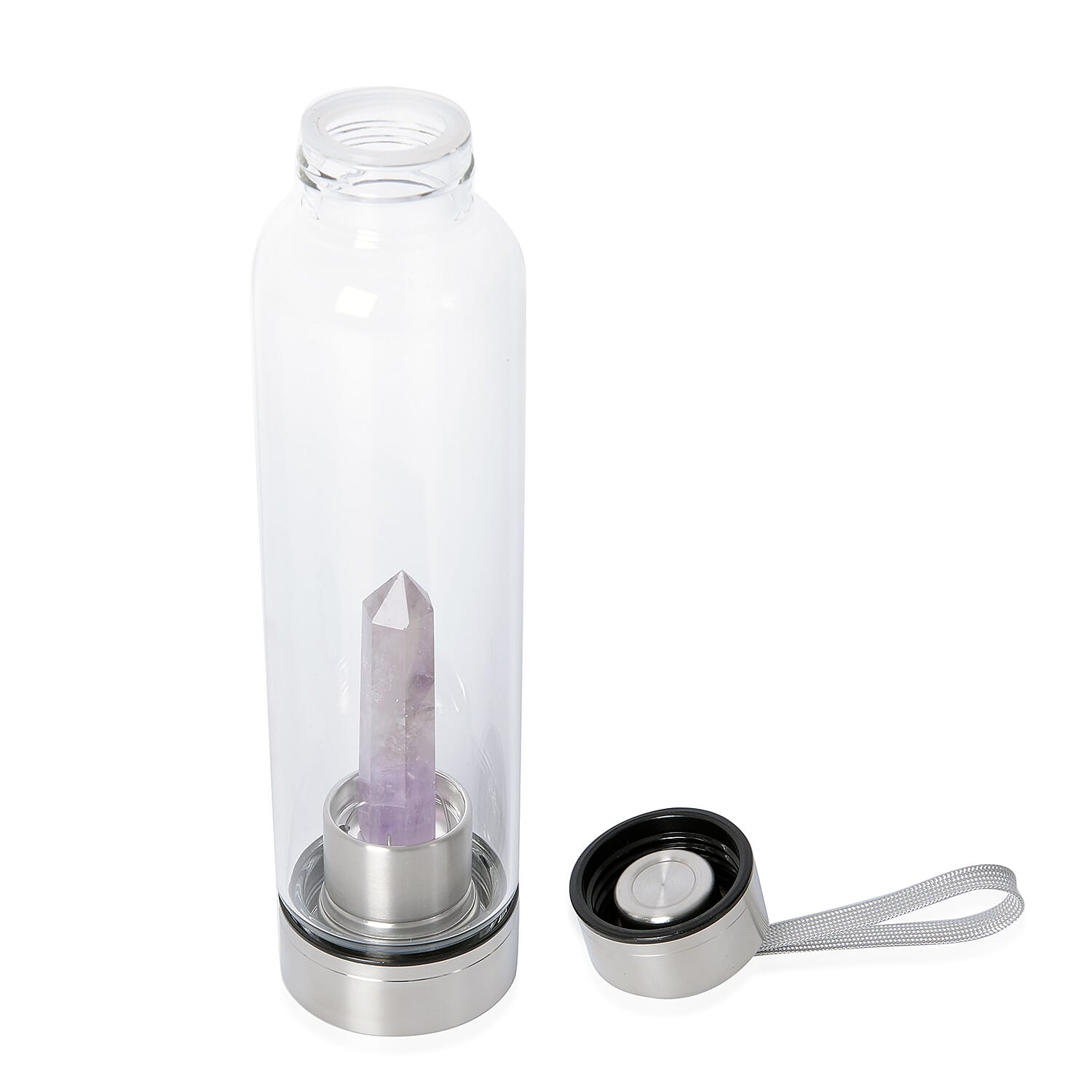 Amethyst Crystal Elixir Glass Water Bottle with Stainless Steel Cap (Size 25.5x6.5 Cm) with Travel Case - Holds 650ml