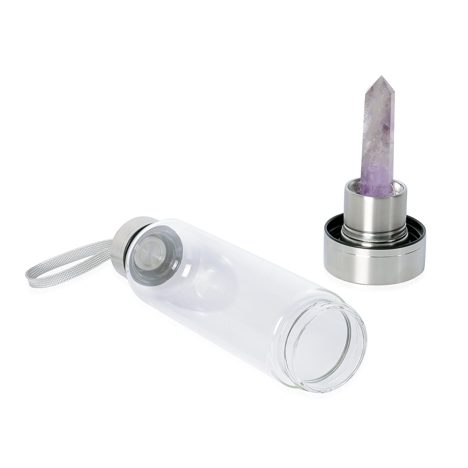 Amethyst Crystal Elixir Glass Water Bottle with Stainless Steel Cap (Size 25.5x6.5 Cm) with Travel Case - Holds 650ml