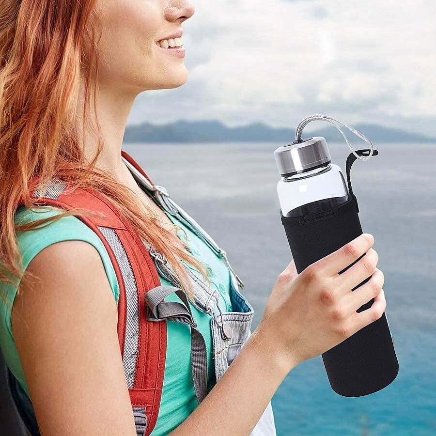 Amethyst Crystal Elixir Glass Water Bottle with Stainless Steel Cap (Size 25.5x6.5 Cm) with Travel Case - Holds 650ml