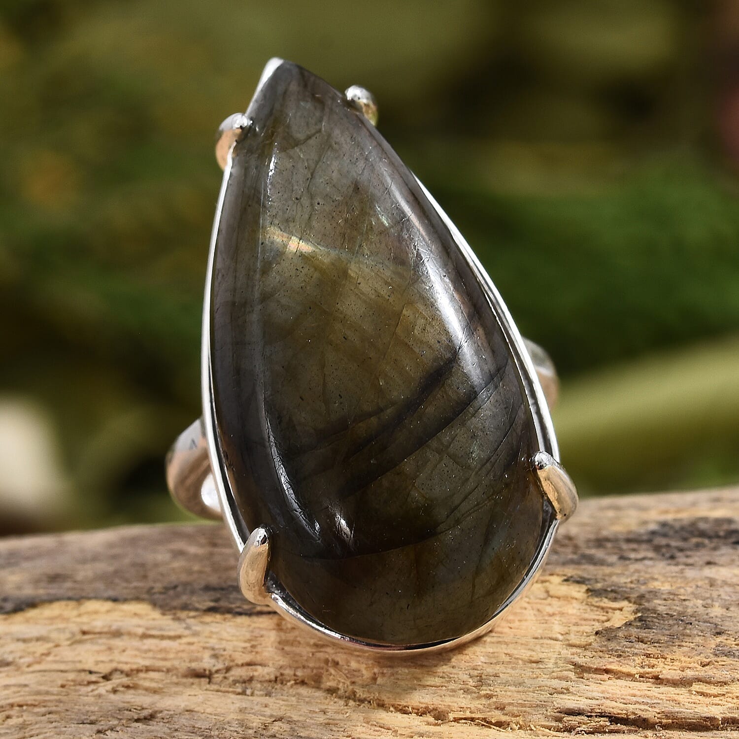 Labradorite (Pear 30x15 mm) Solitaire Ring in Sterling Silver 23.75 Ct.