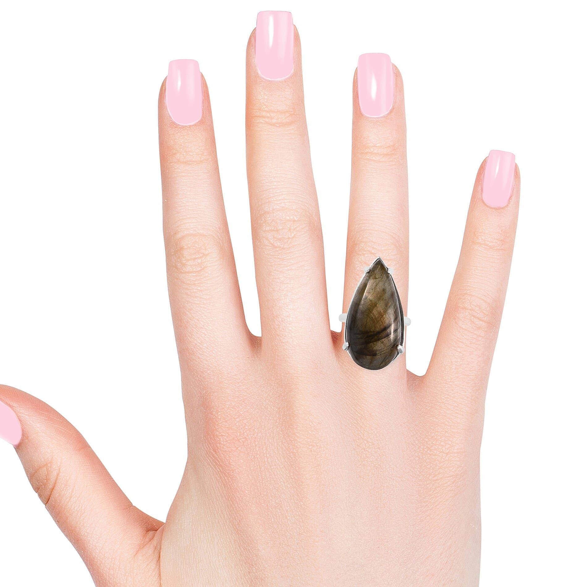 Labradorite (Pear 30x15 mm) Solitaire Ring in Sterling Silver 23.75 Ct.