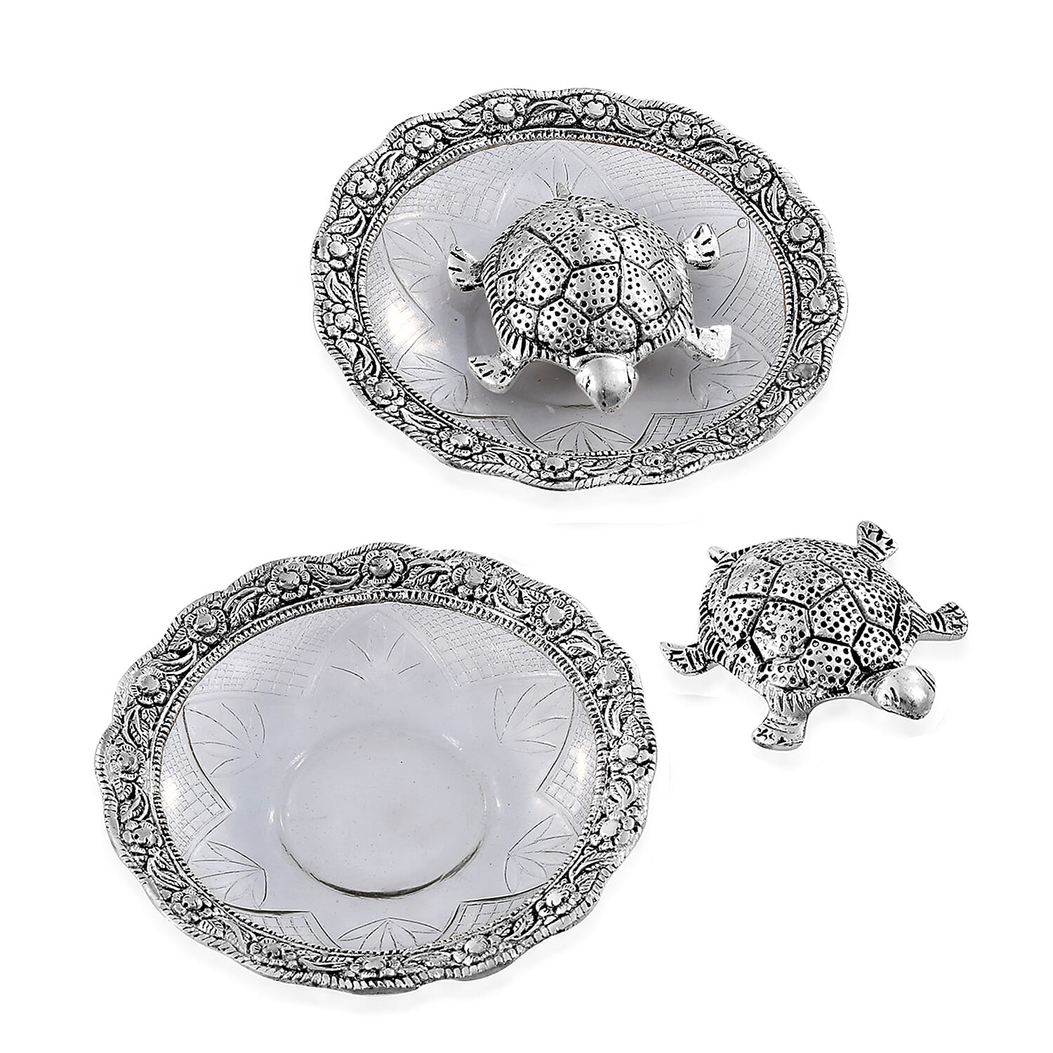 Set of 2 - Silver Finish Feng Shui Tortoise at Glass Plate (Size 13.97x13.97x2.54 Cm)