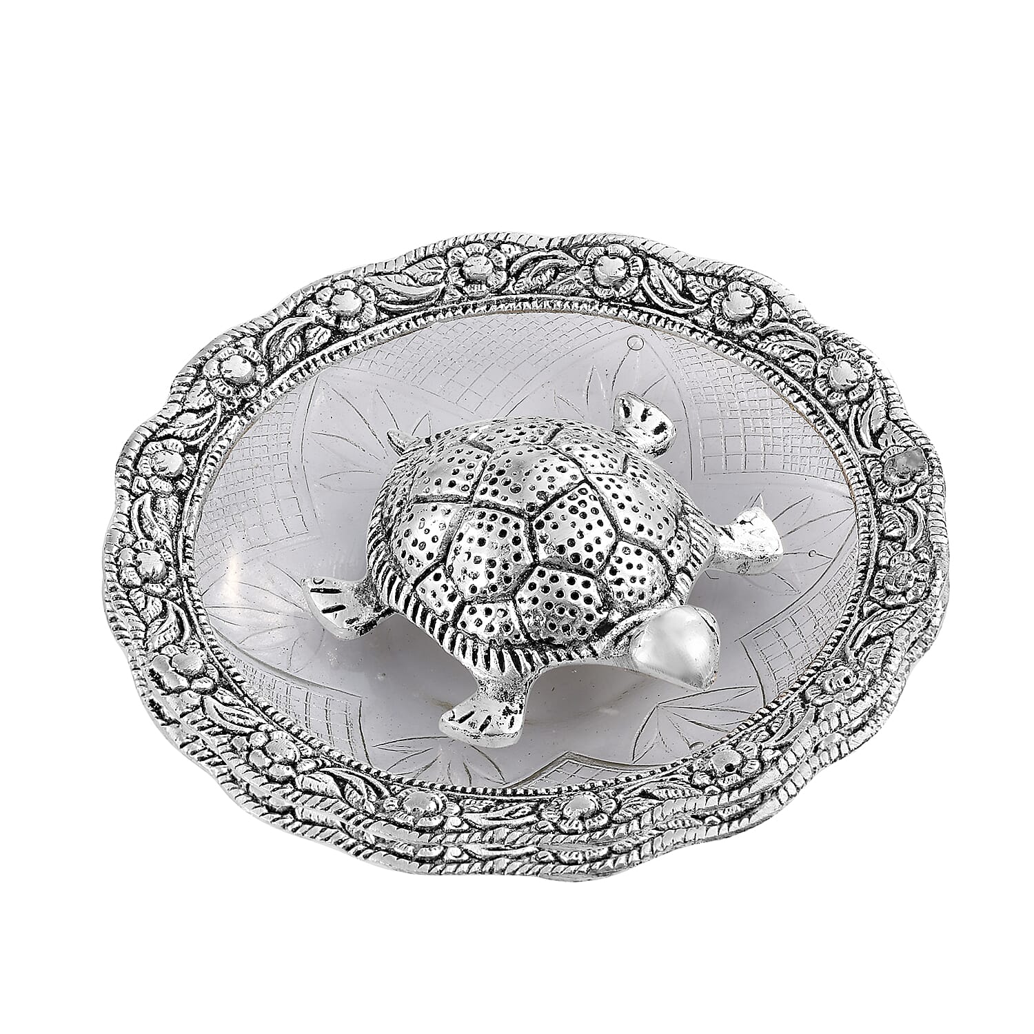 Set of 2 - Silver Finish Feng Shui Tortoise at Glass Plate (Size 13.97x13.97x2.54 Cm)