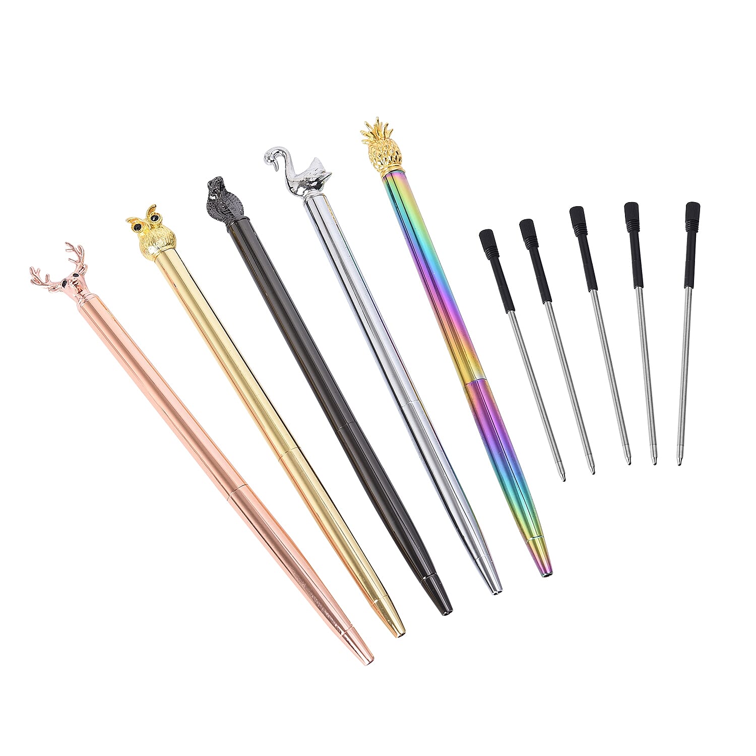 Set of 5 - Special Top Shaped Pens with Extra Refills (Deer, Owl, Snake, Goose and Pineapple) - Multicolour
