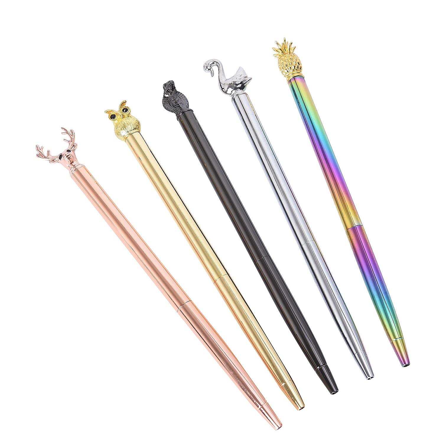 Set of 5 - Special Top Shaped Pens with Extra Refills (Deer, Owl, Snake, Goose and Pineapple) - Multicolour