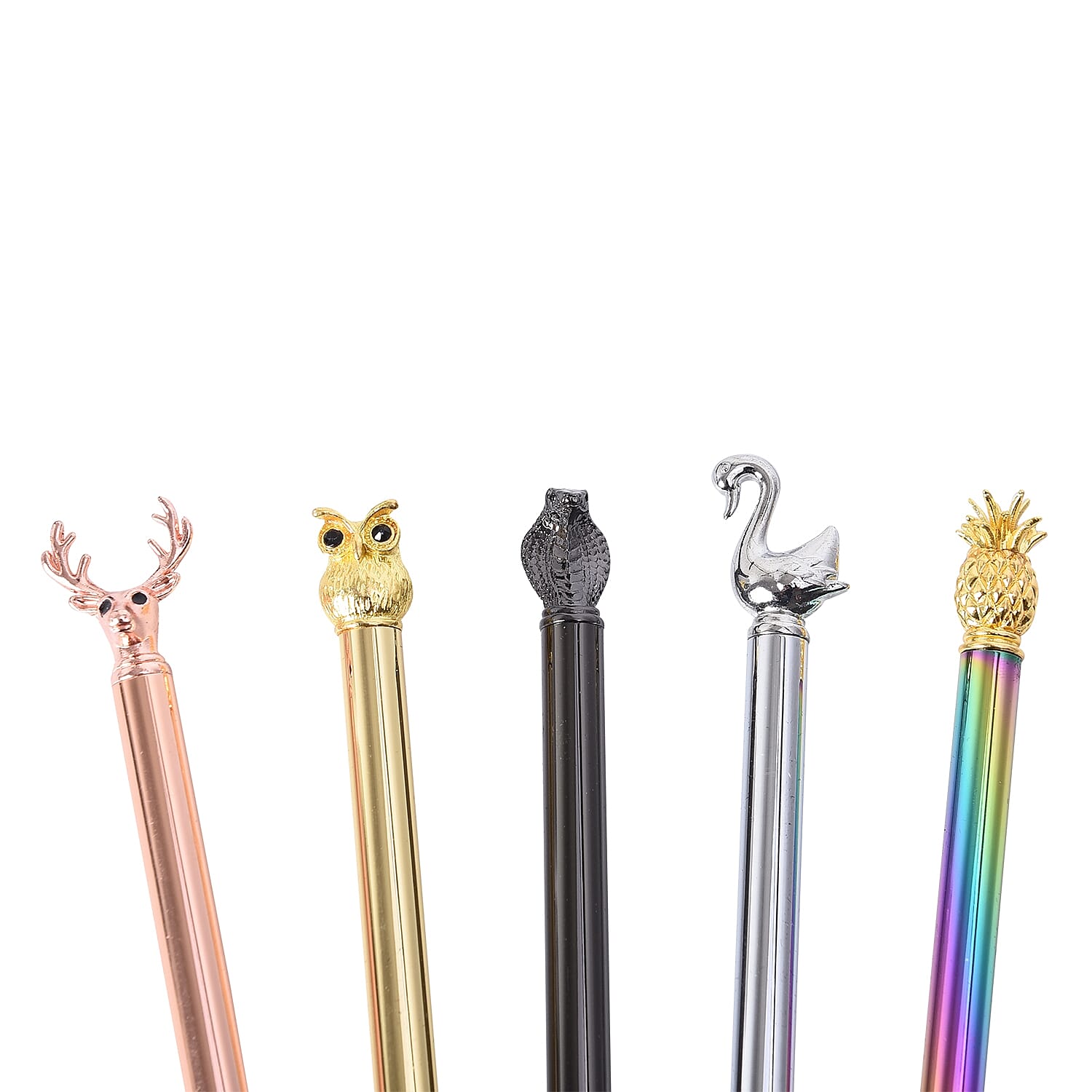Set of 5 - Special Top Shaped Pens with Extra Refills (Deer, Owl, Snake, Goose and Pineapple) - Multicolour