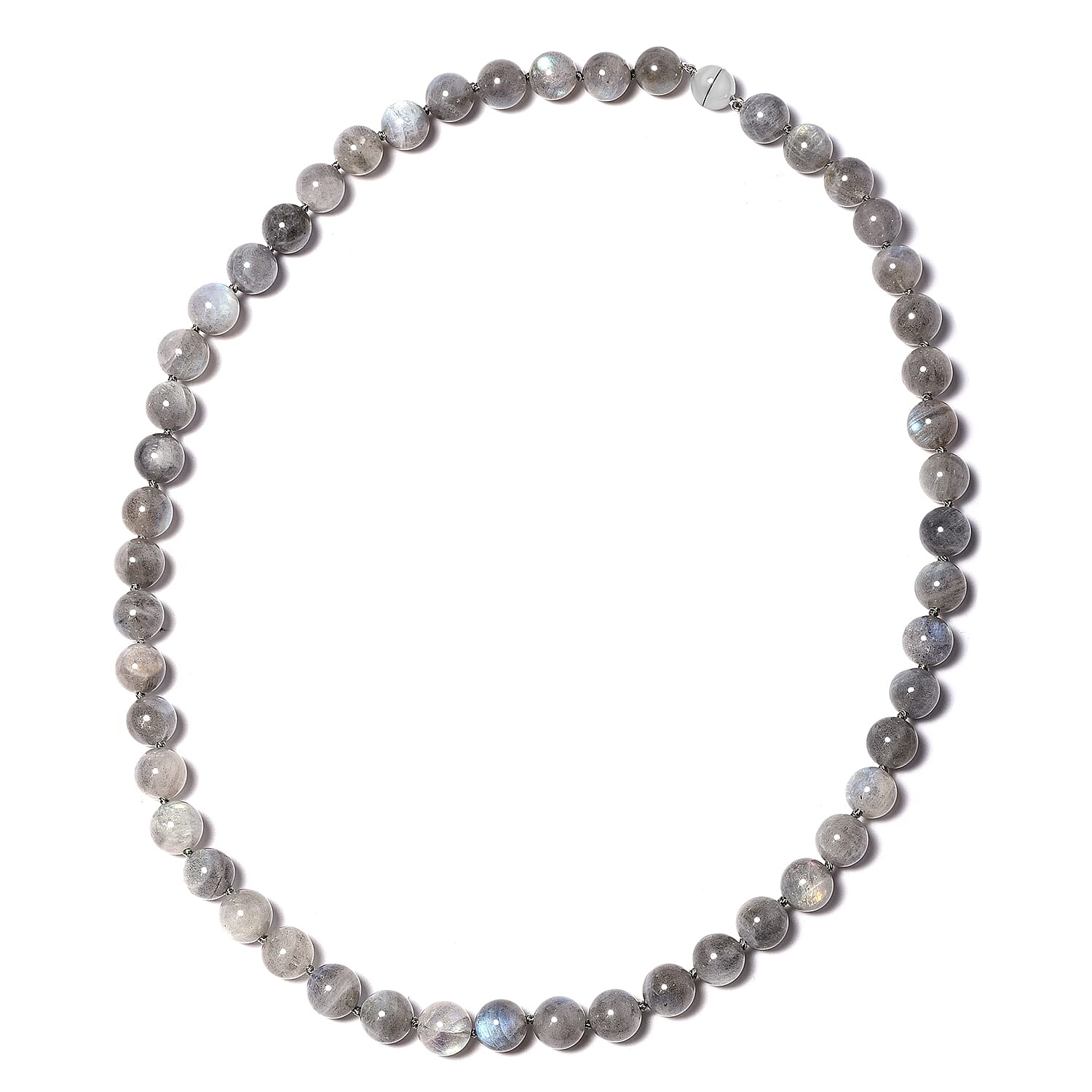 One Time Deal - Natural Labradorite (Rnd) Beads Necklace (Size 20) with Magnetic Clasp in Rhodium Overlay Sterling Silver 746.5Ct.