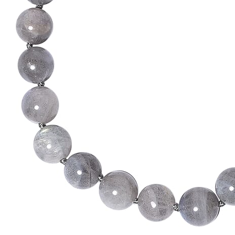 One Time Deal - Natural Labradorite (Rnd) Beads Necklace (Size 20) with Magnetic Clasp in Rhodium Overlay Sterling Silver 746.5Ct.