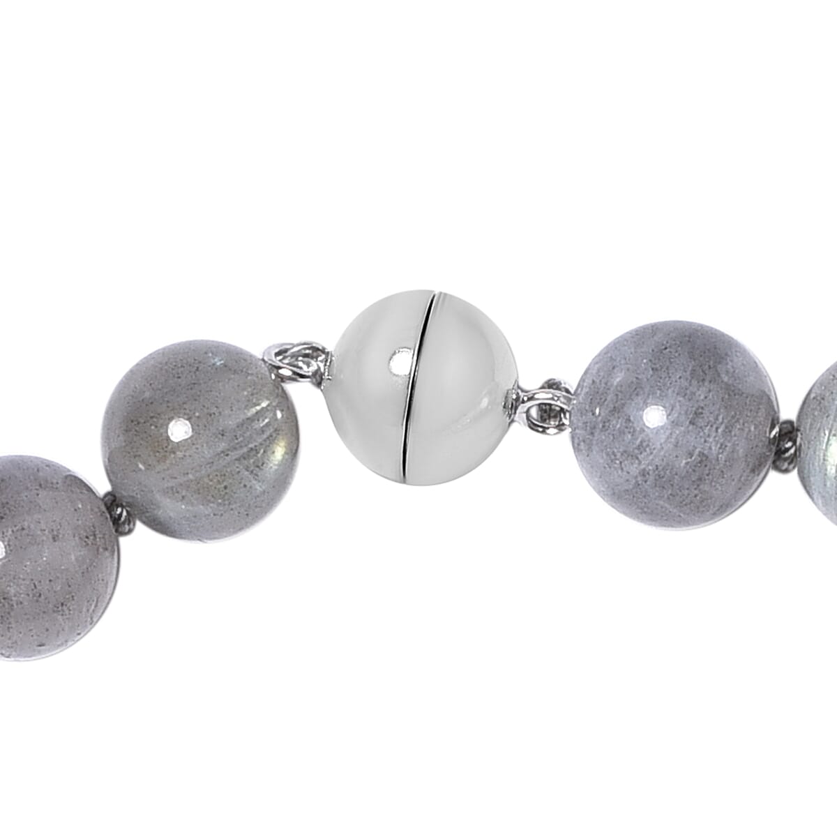 One Time Deal - Natural Labradorite (Rnd) Beads Necklace (Size 20) with Magnetic Clasp in Rhodium Overlay Sterling Silver 746.5Ct.