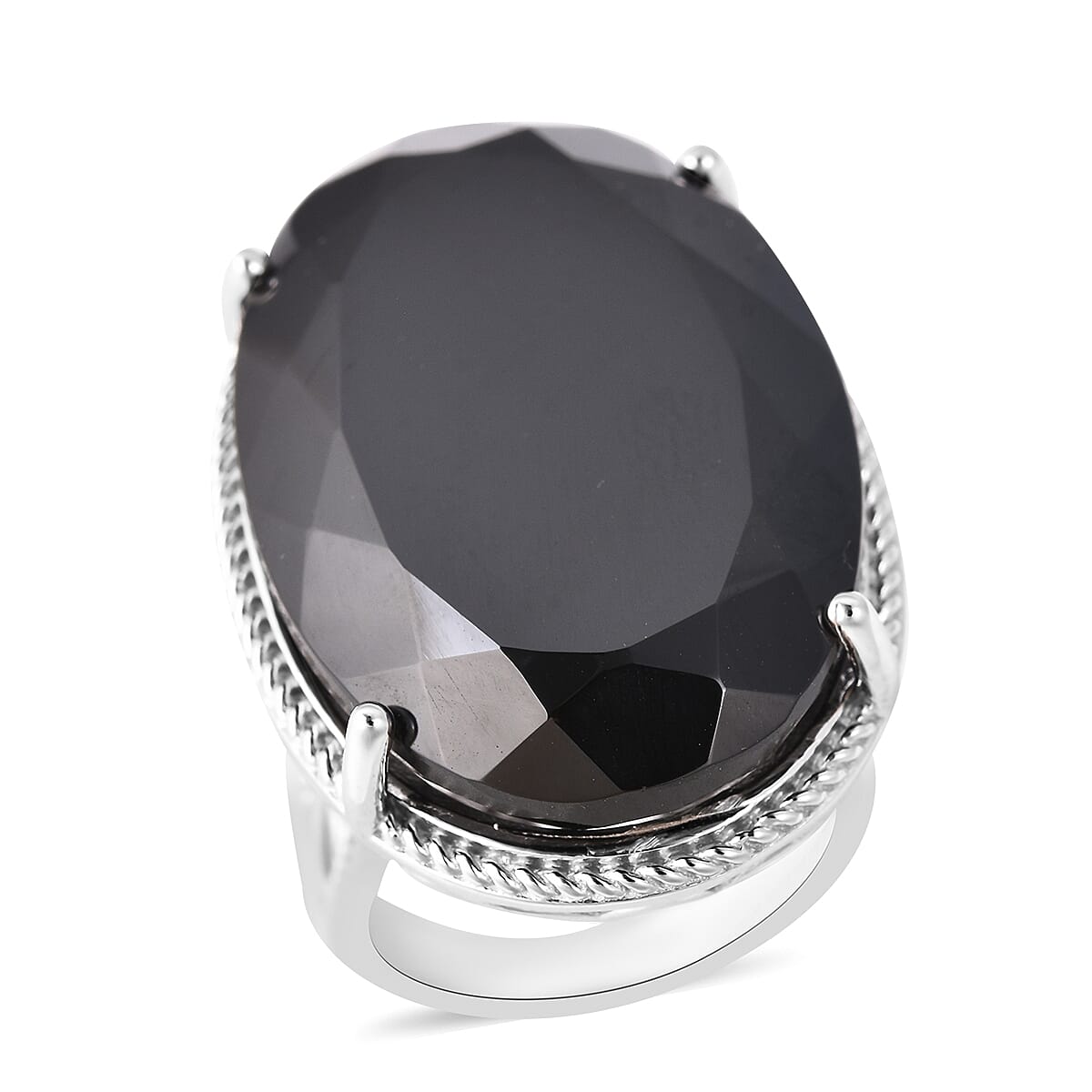 Natural Boi Ploi Black Spinel (Ovl 30x20 mm) Solitaire Ring in Rhodium Overlay Sterling Silver 50.00 Ct, Silver wt 8.37 Gms